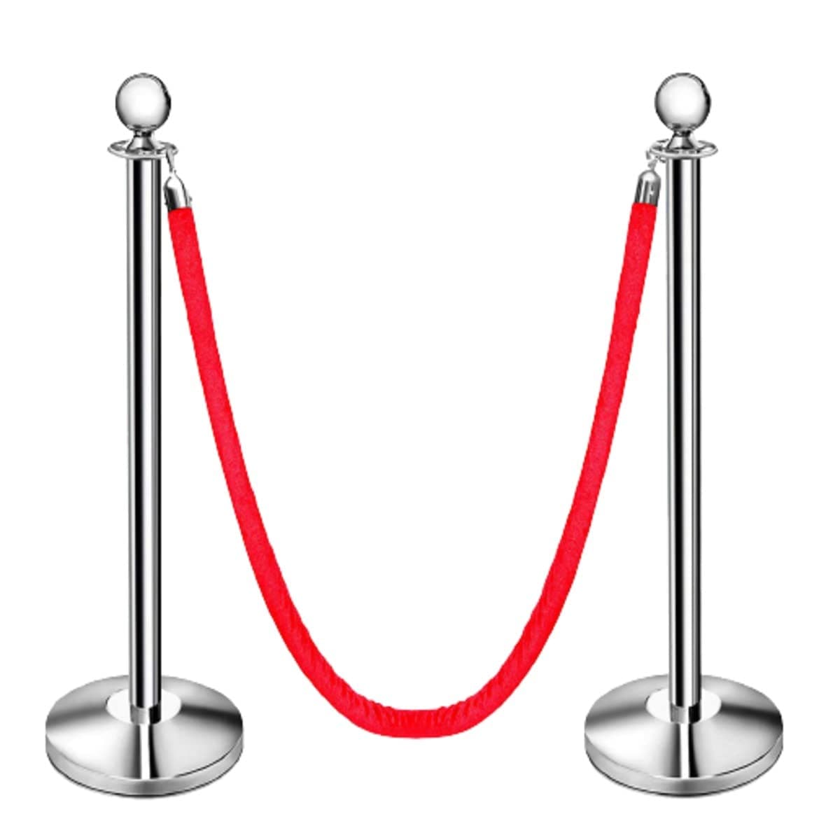 LADWA Set of 2 Silver Finish Q Please (Q Manager) with Red Velvet Rope for Ensuring Social Distancing, Queue Manager with 1.5m Rope, Barricade, Stanchions (Set of 2 Pillar and 1 Rope)
