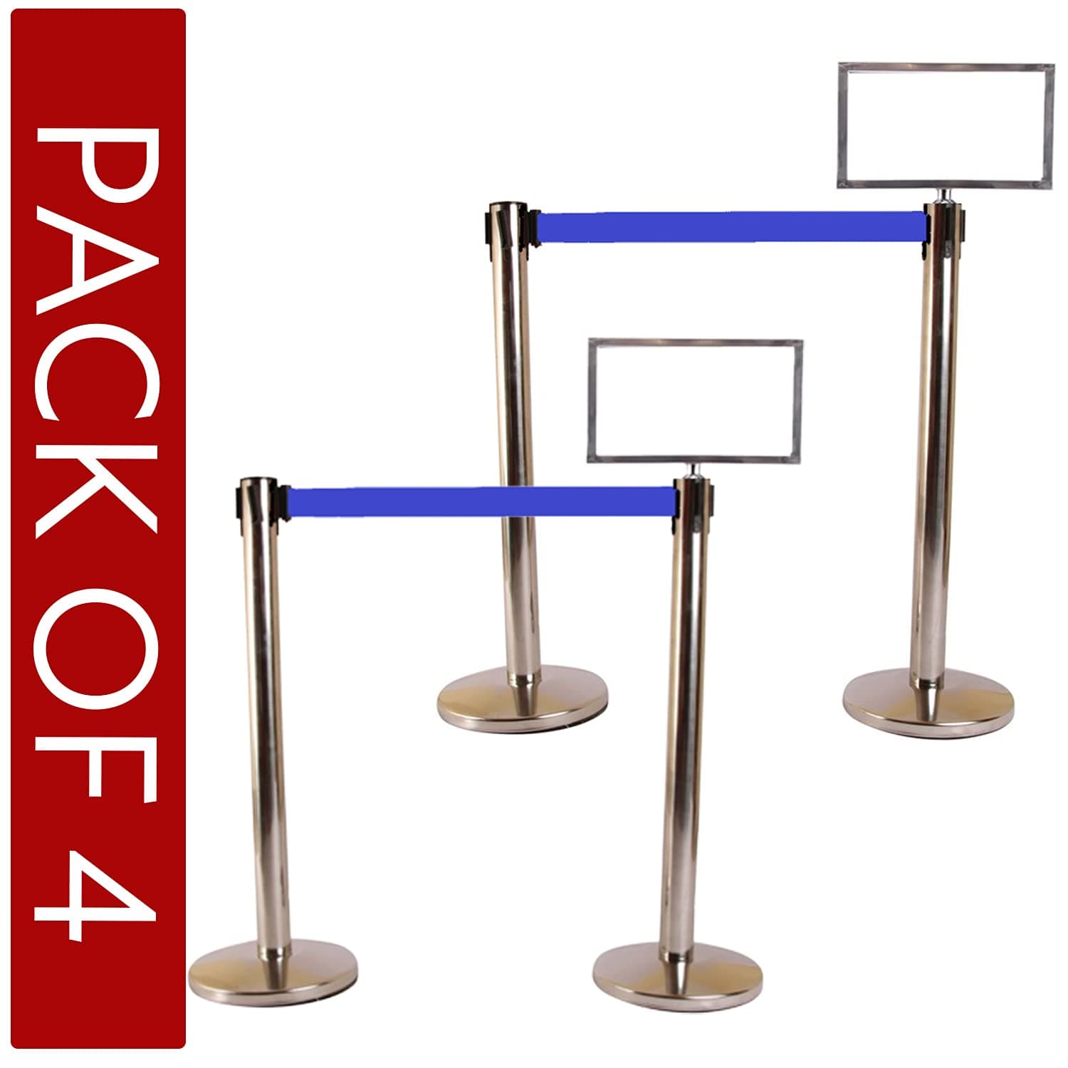LADWA Set of 4 Q Please (Q Manager), 202 Grade Extendable 2.25 mtr Hook Type Stanchions Barrier Accessories Steel Barricade, Que Manager with A3 Sign Plate - Blue Tape view 2
