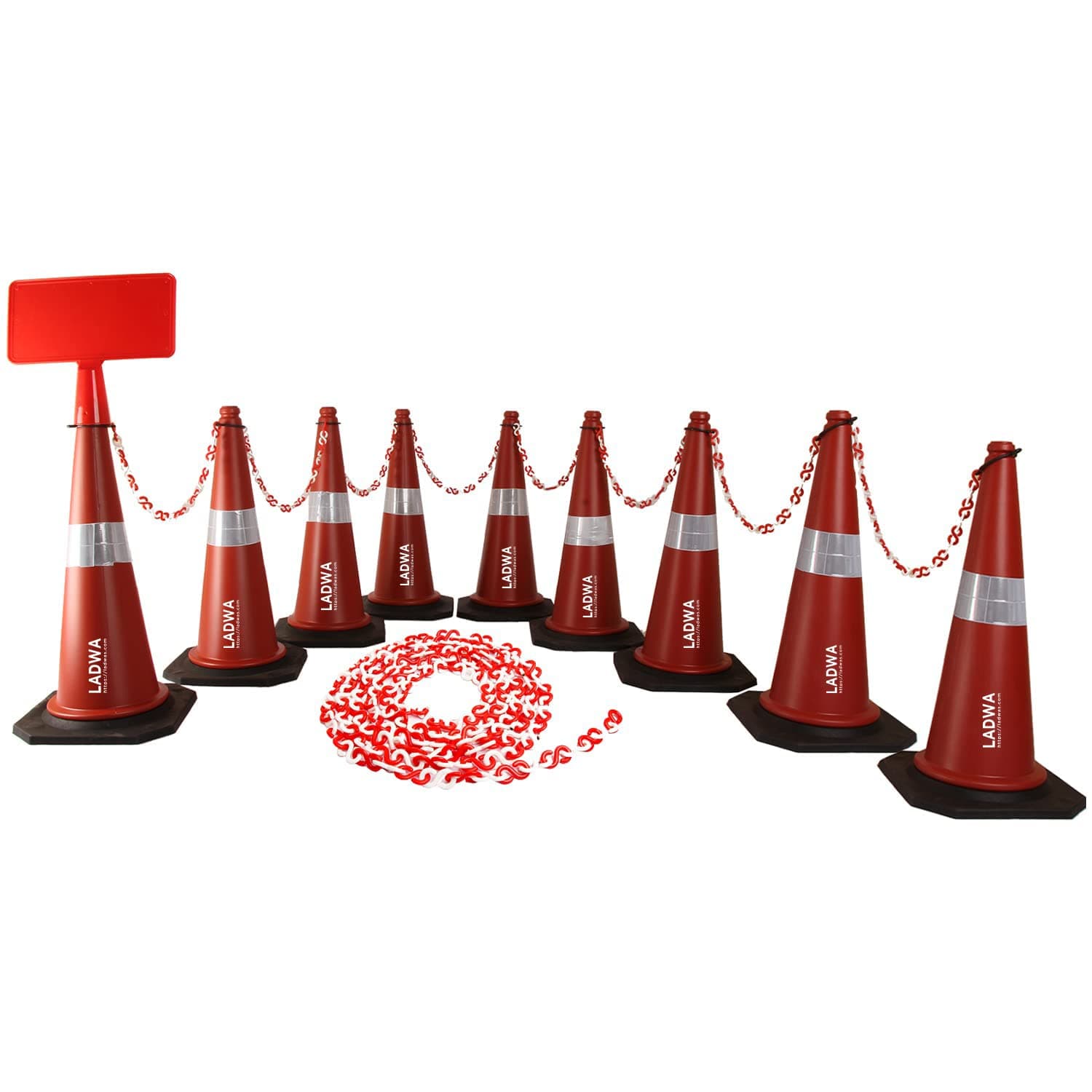 LADWA 750mm Combo of Impact Resistant Road 9 Traffic Safety Cones + 9 mtr chain + 9 Hooks & 1 Sign Plate with Reflective Strips Collar For Road Attention