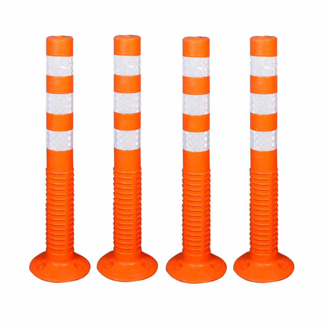 Ladwa Flexible Plastic Spring Post Barrier (Pack of 4) High Grade Elastomeric Polymer Material With 3 White Reflective Tapes Easy To Install Safety T-Top Bollard Barrier Parking Block (Orange)