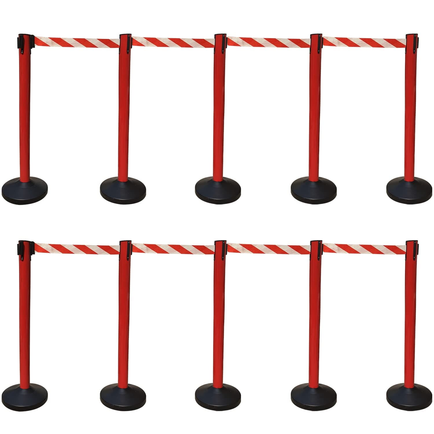 Ladwa Set of 10 Q Please (Q Manager), 202 Grade Extendable 2.25 mtr Hook Type Stanchions Barrier Accessories Red pole with red & white zebra tape Que Manager