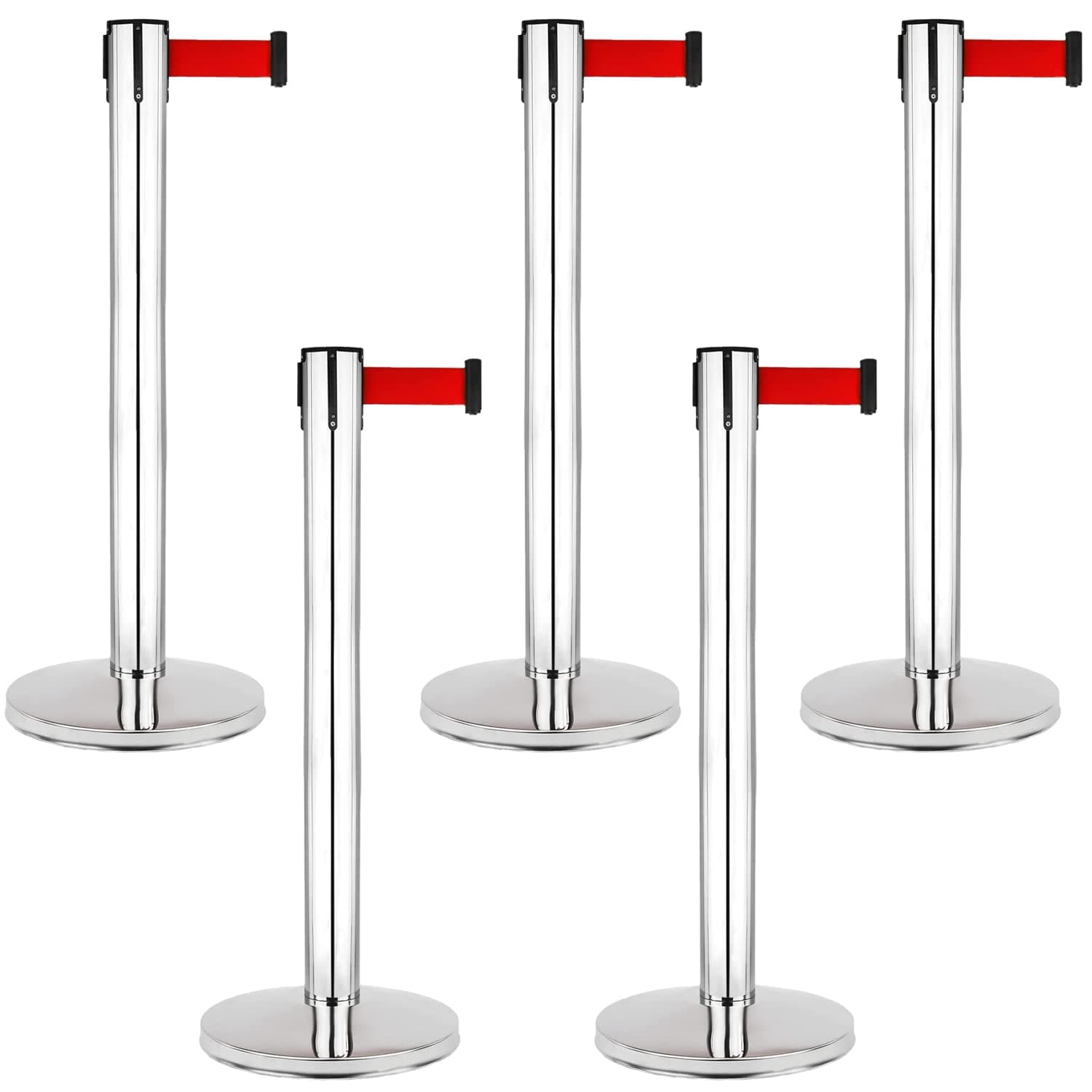 LADWA Set of 5 Q Please (Q Manager), 202 Grade Extendable 2.25 mtr Hook Type Stanchions Barrier Accessories Steel Barricade, Red Que Manager