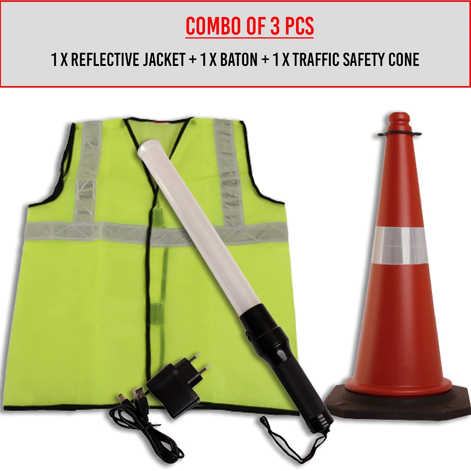 LADWA Combo: 3pcs - Green Reflective Jacket, Traffic Cone & Rechargeable Safety Baton (20") with 3 Flash Modes (1 Jacket + 1 Baton + 1 Cone). view 4