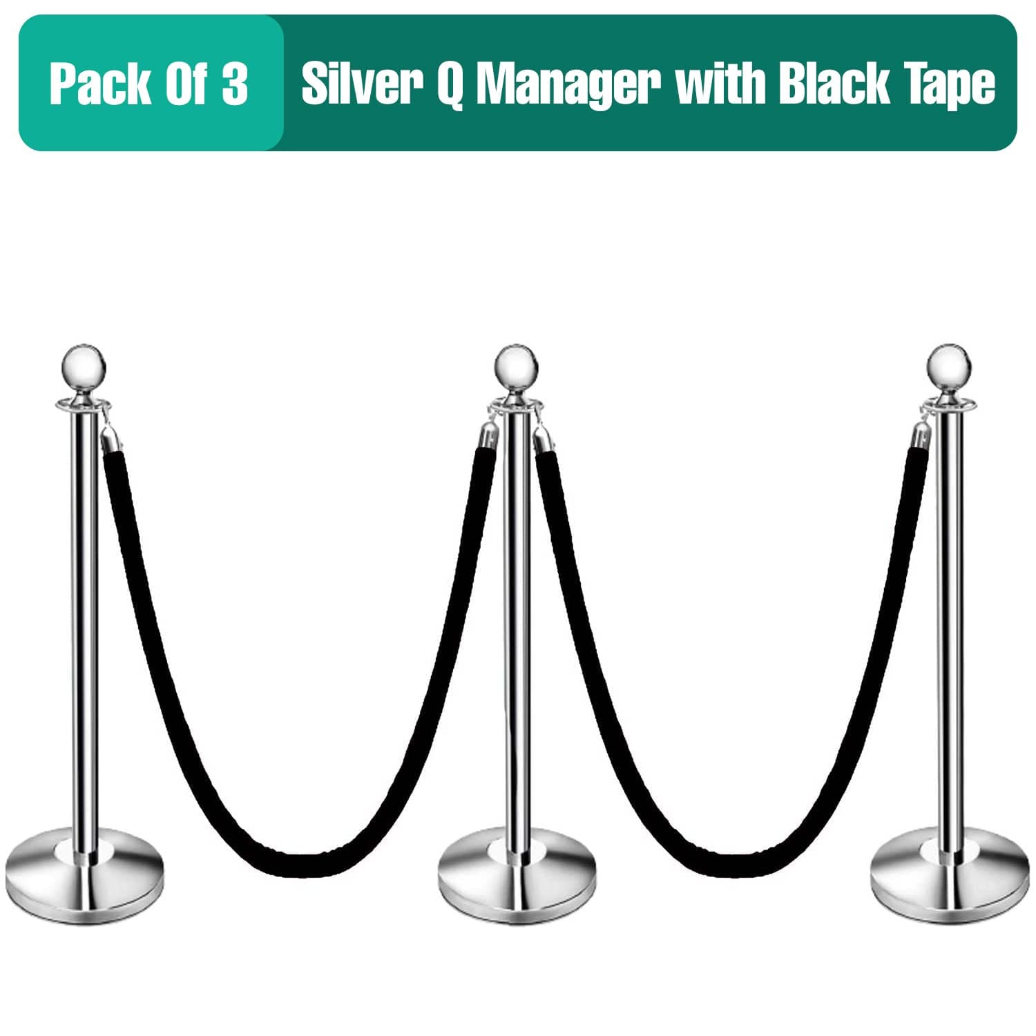 LADWA Set of 3 Silver Finish Q Please (Q Manager) with Black Velvet Rope for Ensuring Social Distancing, Queue Manager with 1.5m Rope, Barricade, Stanchions (Set of 3 Pillar and 3 Rope) view 2