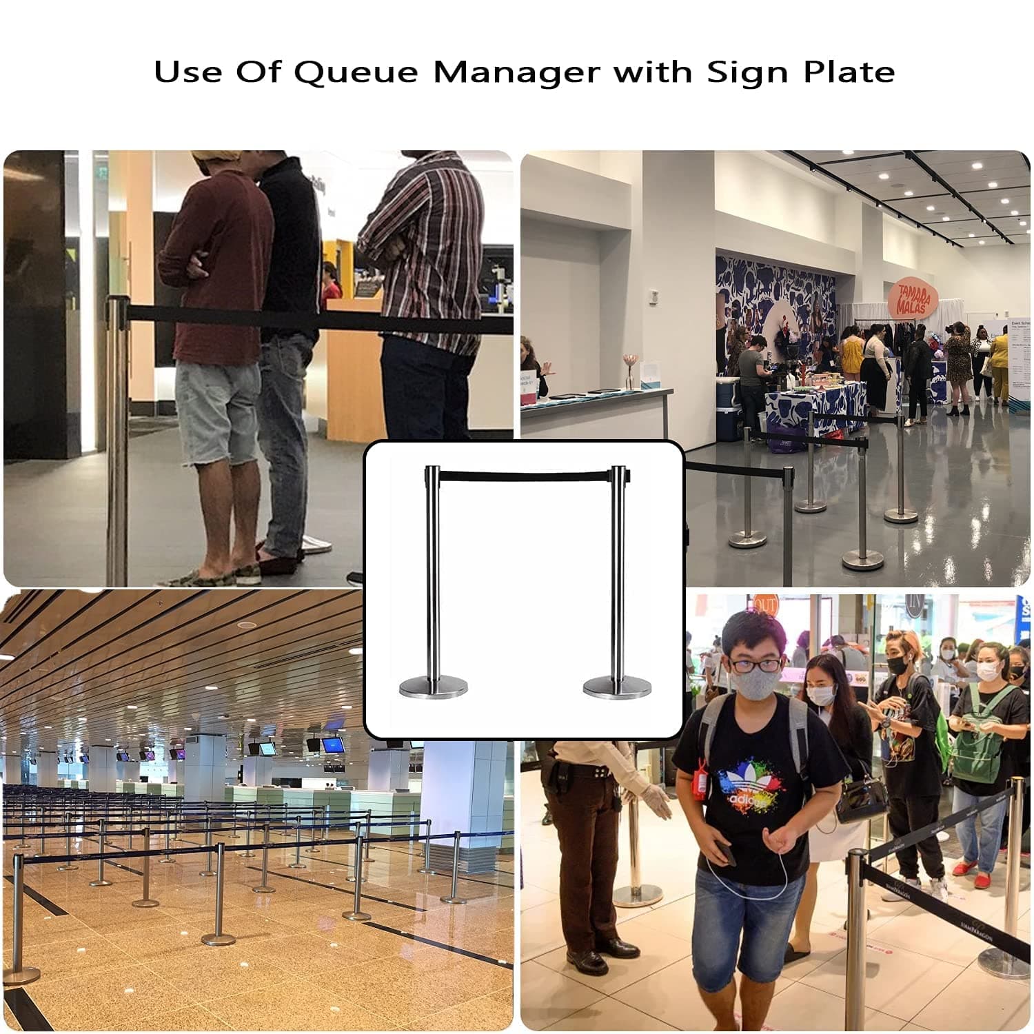 LADWA Set of 4 Q Please (Q Manager), 202 Grade Extendable 2.25 mtr Hook Type Stanchions Barrier Accessories Steel Barricade, Que Manager with A4 Sign Plate - Black Tape view 2