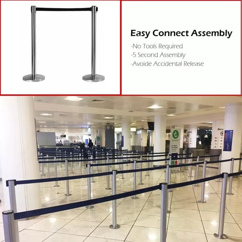 LADWA Set of 2 Queue Managers | 202 Grade Stainless Steel Stanchions with 2.25 Meter Retractable Belt | Hook Type Crowd Control Barriers for Airports, Events, Malls – Black view 3