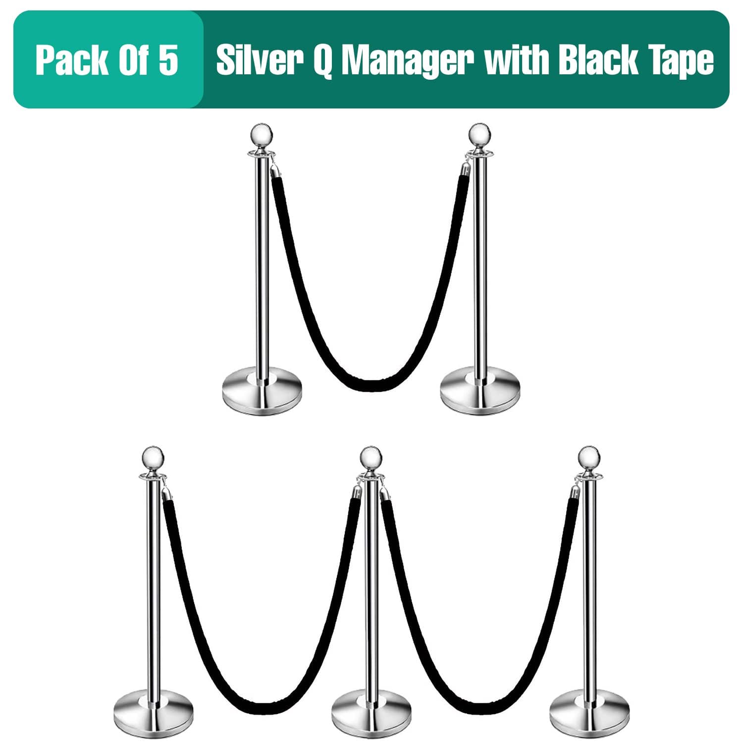 LADWA Set of 5 Silver Finish Q Please (Q Manager) with Black Velvet Rope for Ensuring Social Distancing, Queue Manager with 1.5m Rope, Barricade, Stanchions (Set of 5 Pillar and 5 Rope) view 2