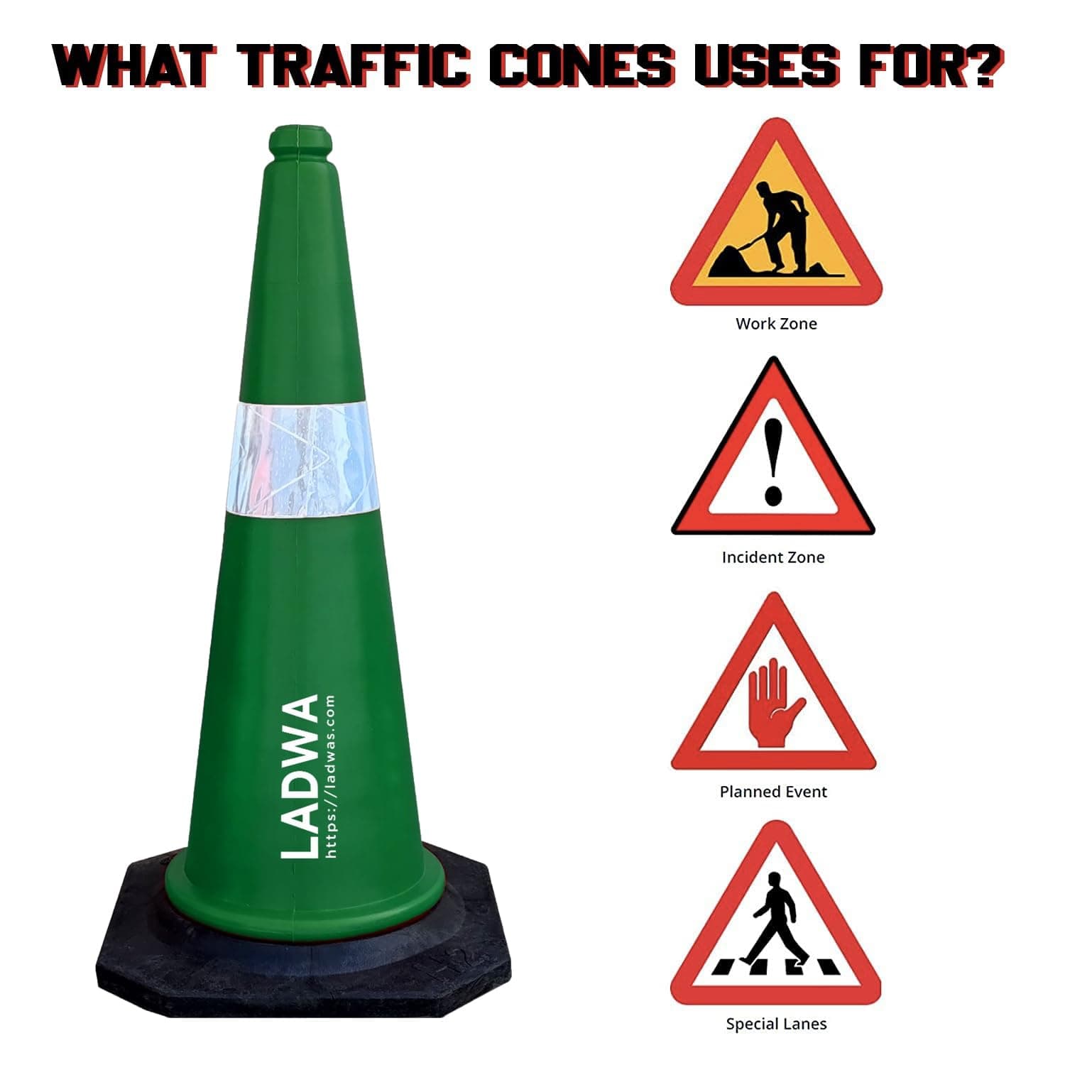 LADWA Road Safety Cone Pack of 2, Combo,750mm,Traffic Safety, 2 Green Cones + 2 Meter Chain + 2 Hooks with Black Rubber Weighted Base and Highly Visible Reflective Collar (Green) view 3