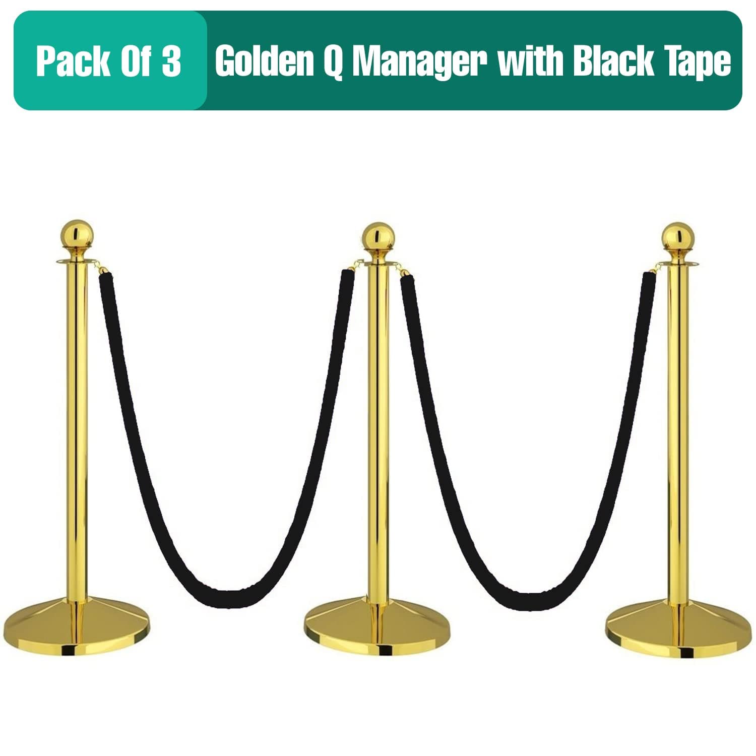 LADWA Set of 7 Golden Finish Q Please (Q Manager) with Black Velvet Rope for Ensuring Social Distancing, Queue Manager with 1.5m Rope, Barricade, Stanchions (Set of 7 Pillar and 7 Rope) view 2