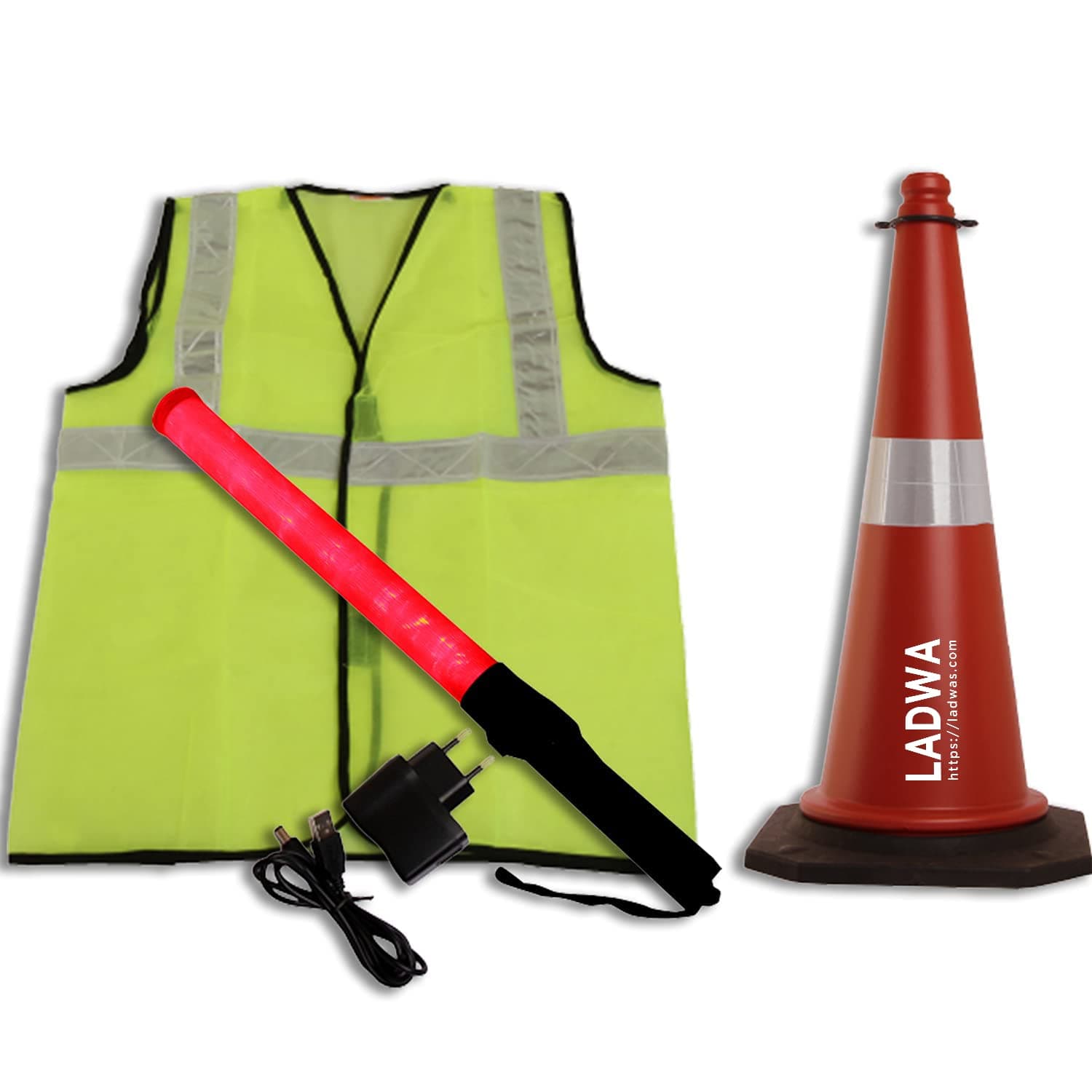 LADWA Combo: 3pcs - Green Reflective Jacket, Traffic Cone & Rechargeable Safety Baton (20") with 3 Flash Modes (1 Jacket + 1 Baton + 1 Cone).