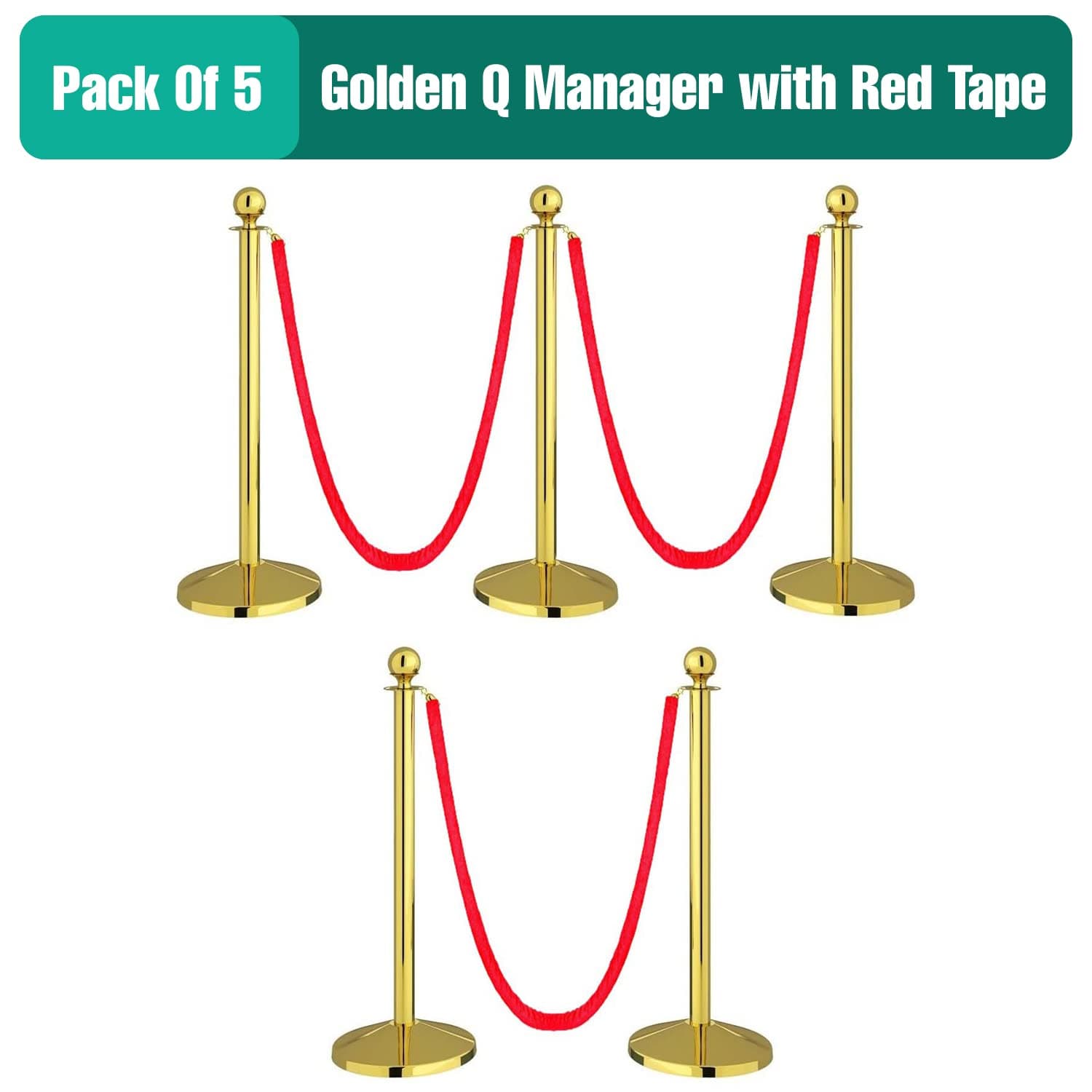 LADWA Set of 5 Golden Finish Q Please (Q Manager) with Red Velvet Rope for Ensuring Social Distancing, Queue Manager with 1.5m Rope, Barricade, Stanchions (Set of 5 Pillar and 5 Rope) view 2