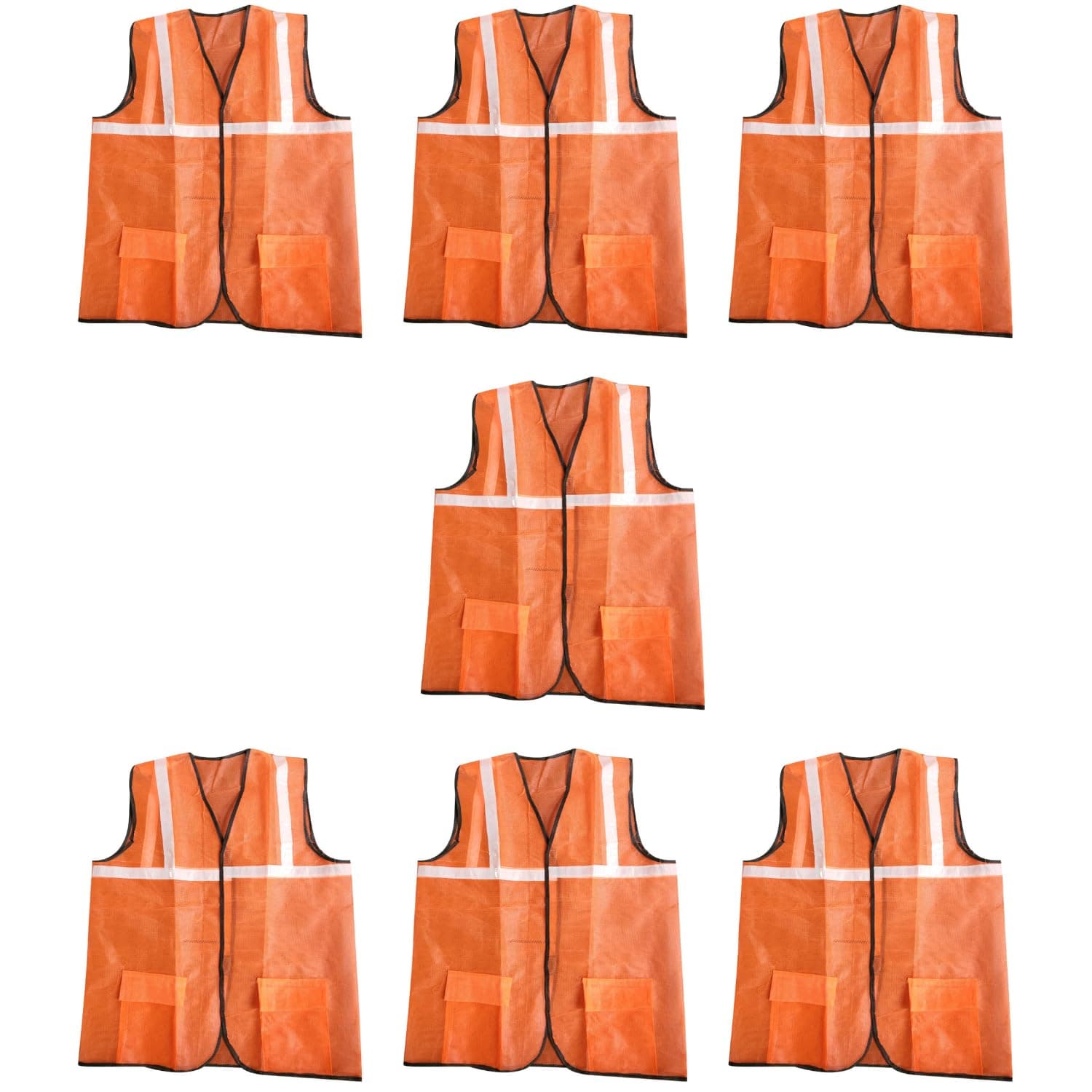 LADWA Reflective Orange Safety Jacket with 2 Pockets Pack of 7 - High Visibility ANSI Class 2 Reflective Gear | Construction Workwear, Night Running, Cycling