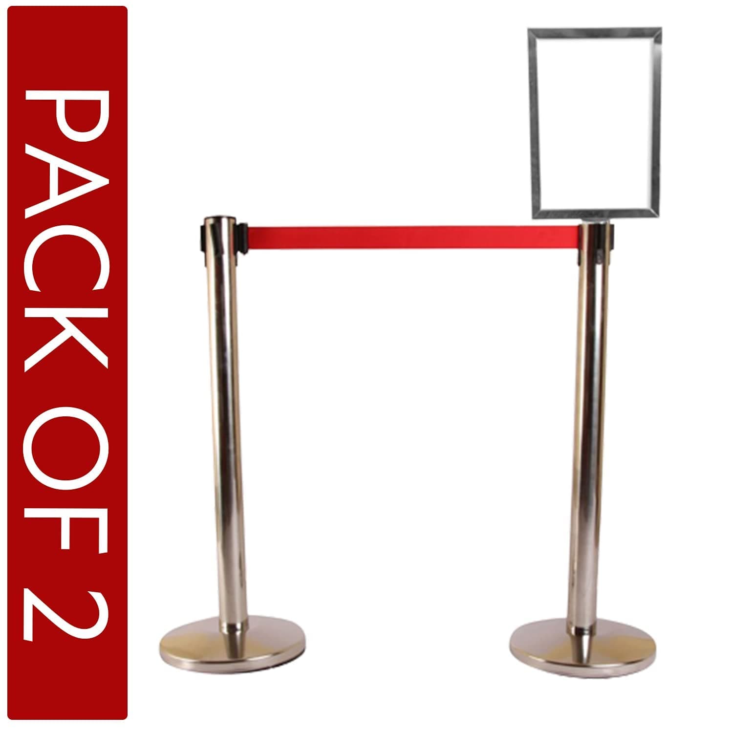 LADWA Set of 2 Q Please (Q Manager), 202 Grade Extendable 2.25 mtr Hook Type Stanchions Barrier Accessories Steel Barricade, Que Manager with A4 Sign Plate - Red Tape view 2