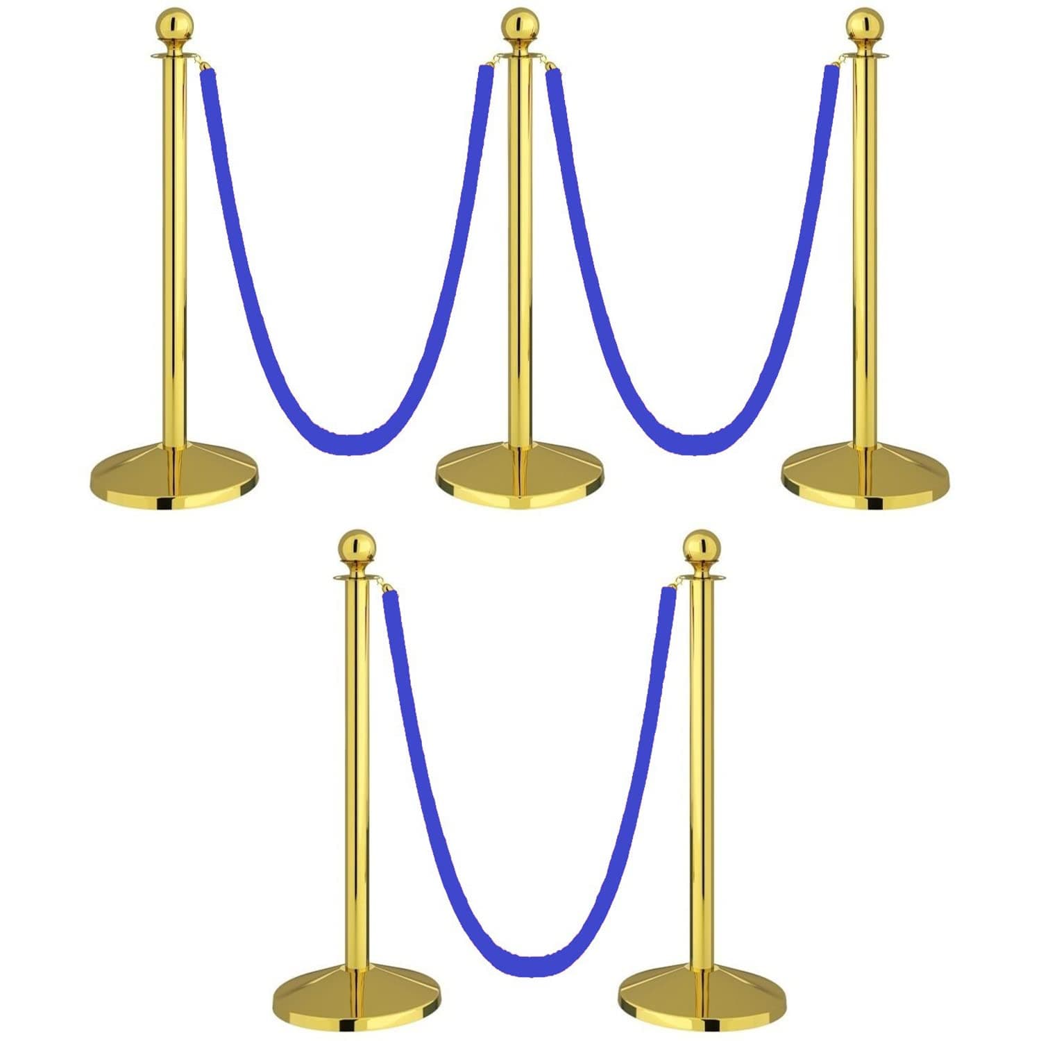LADWA Set of 5 Golden Finish Q Please (Q Manager) with Blue Velvet Rope for Ensuring Social Distancing, Queue Manager with 1.5m Rope, Barricade, Stanchions (Set of 5 Pillar and 3 Rope)