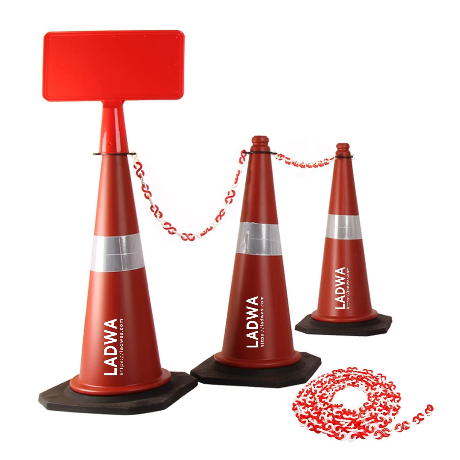LADWA 750mm Combo of Impact Resistant Road 3 Traffic Safety Cones + 3 mtr chain + 3 Hooks & 1 Sign Plate with Reflective Strips Collar For Road Attention
