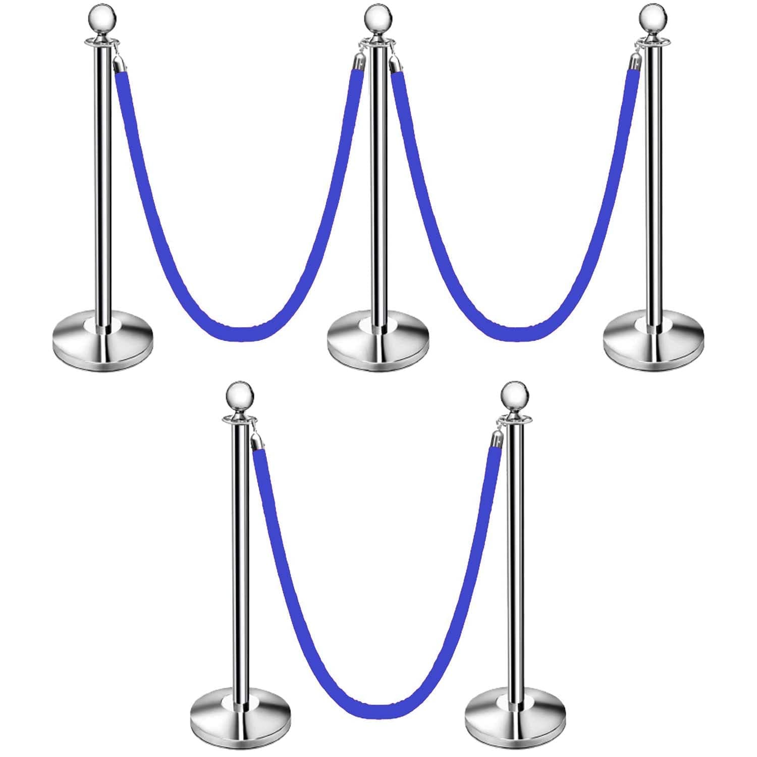 LADWA Set of 5 Silver Finish Q Please (Q Manager) with Blue Velvet Rope for Ensuring Social Distancing, Queue Manager with 1.5m Rope, Barricade, Stanchions (Set of 5 Pillar and 5 Rope)