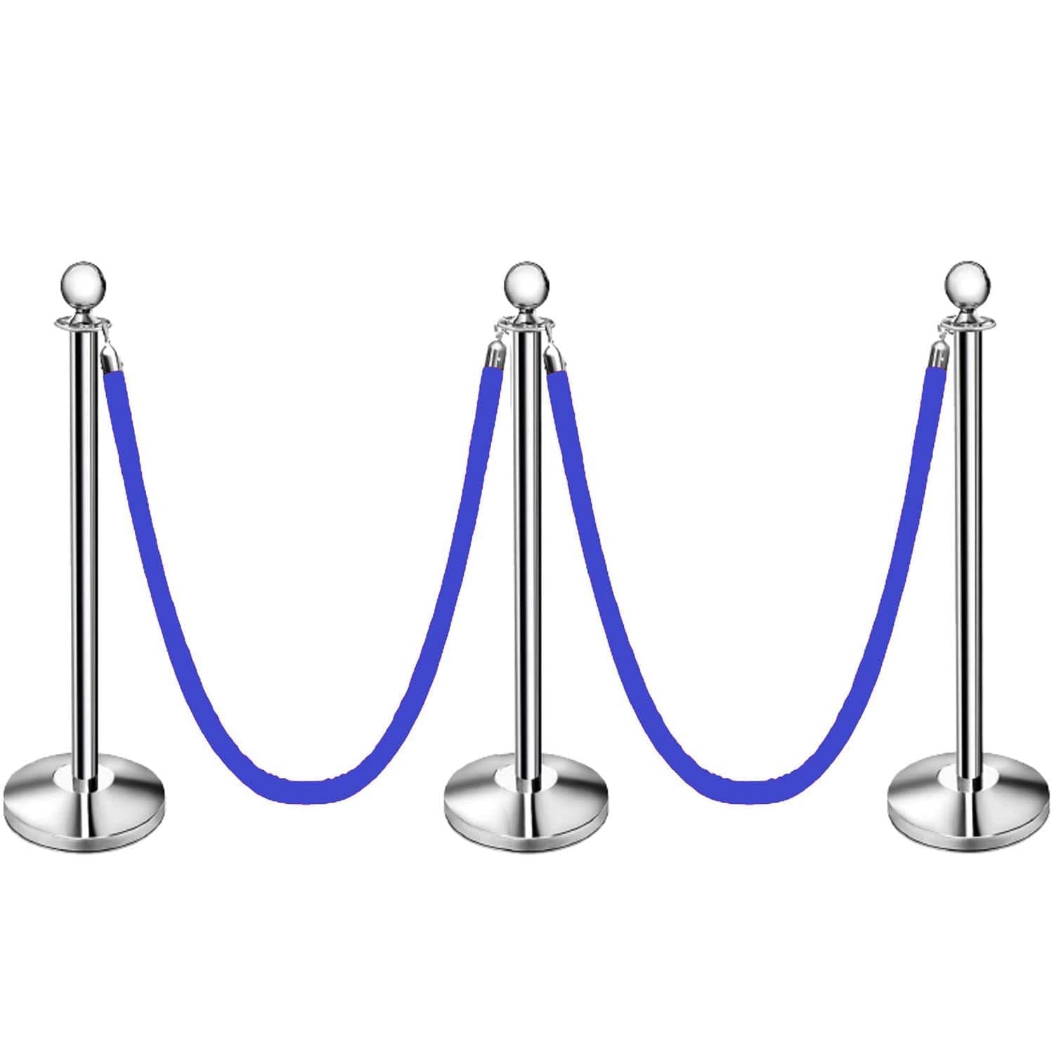 LADWA Set of 3 Silver Finish Q Please (Q Manager) with Blue Velvet Rope for Ensuring Social Distancing, Queue Manager with 1.5m Rope, Barricade, Stanchions (Set of 3 Pillar and 3 Rope)