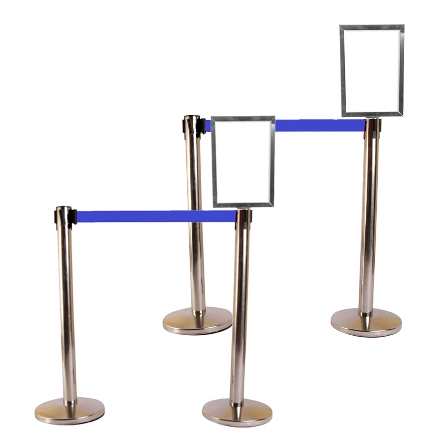 LADWA Set of 4 Q Please (Q Manager), 202 Grade Extendable 2.25 mtr Hook Type Stanchions Barrier Accessories Steel Barricade, Que Manager with A4 Sign Plate - Blue Tape