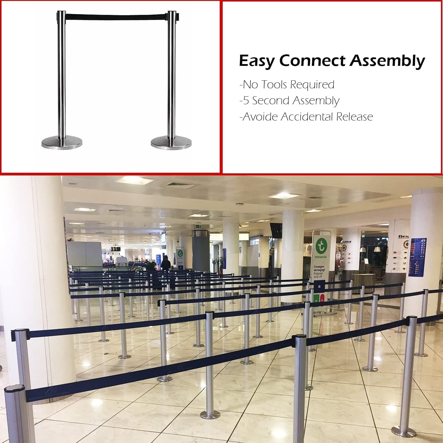 LADWA Set of 7 Q Please (Q Manager), 202 Grade Extendable 2.25 mtr Hook Type Stanchions Barrier Accessories Steel Barricade, Black Que Manager view 3