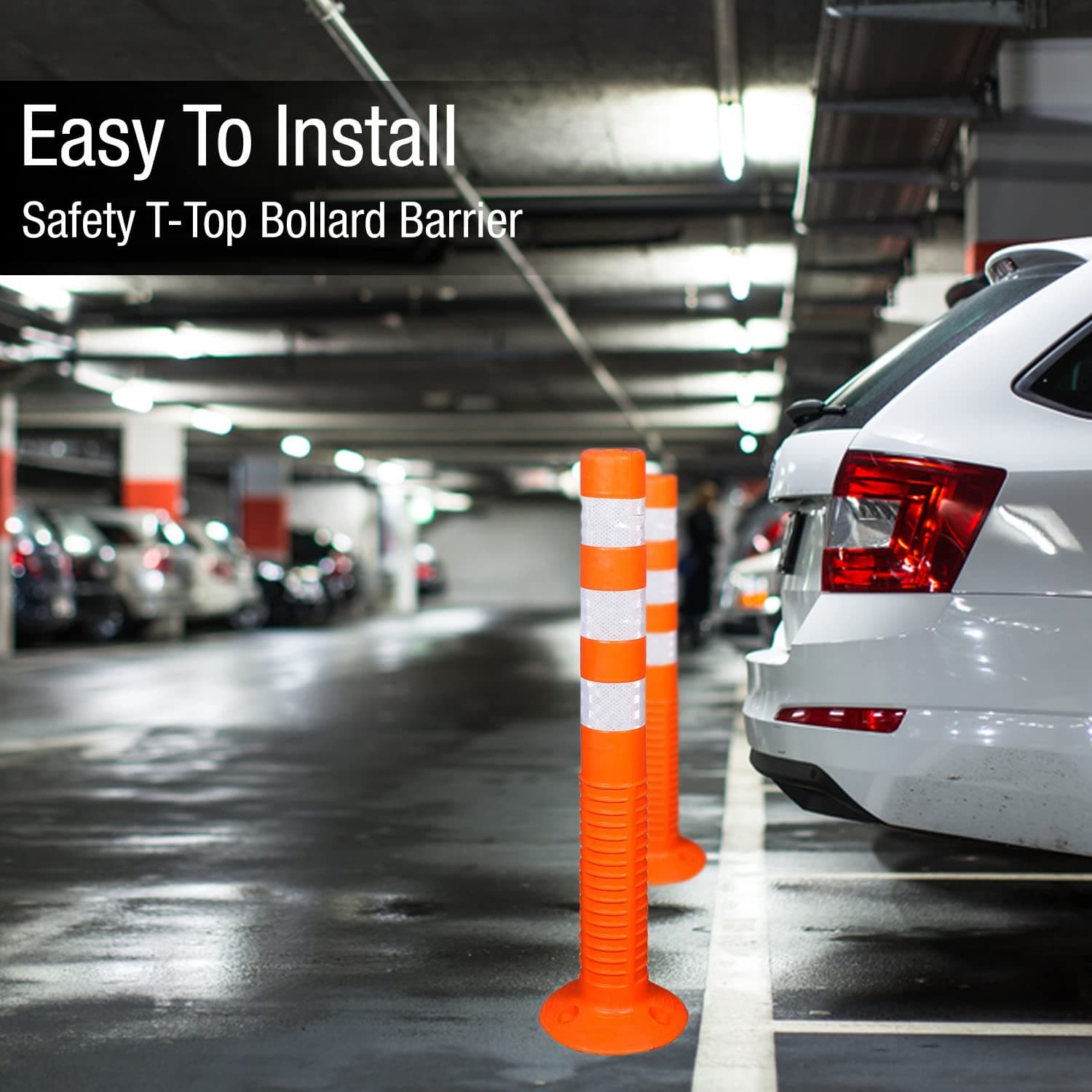 Ladwa Flexible Plastic Spring Post Barrier (Pack of 6) High Grade Elastomeric Polymer Material With 3 White Reflective Tapes Easy To Install Safety T-Top Bollard Barrier Parking Block (Orange) view 2