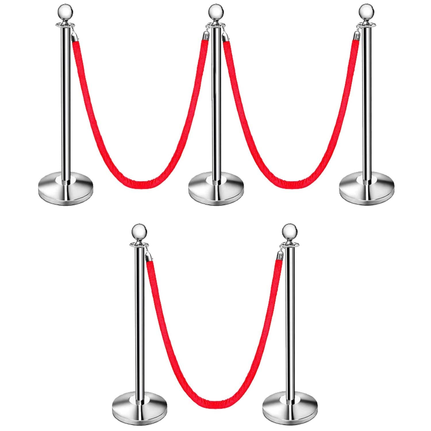 LADWA Set of 5 Silver Finish Q Please (Q Manager) with Red Velvet Rope for Ensuring Social Distancing, Queue Manager with 1.5m Rope, Barricade, Stanchions (Set of 5 Pillar and 5 Rope)