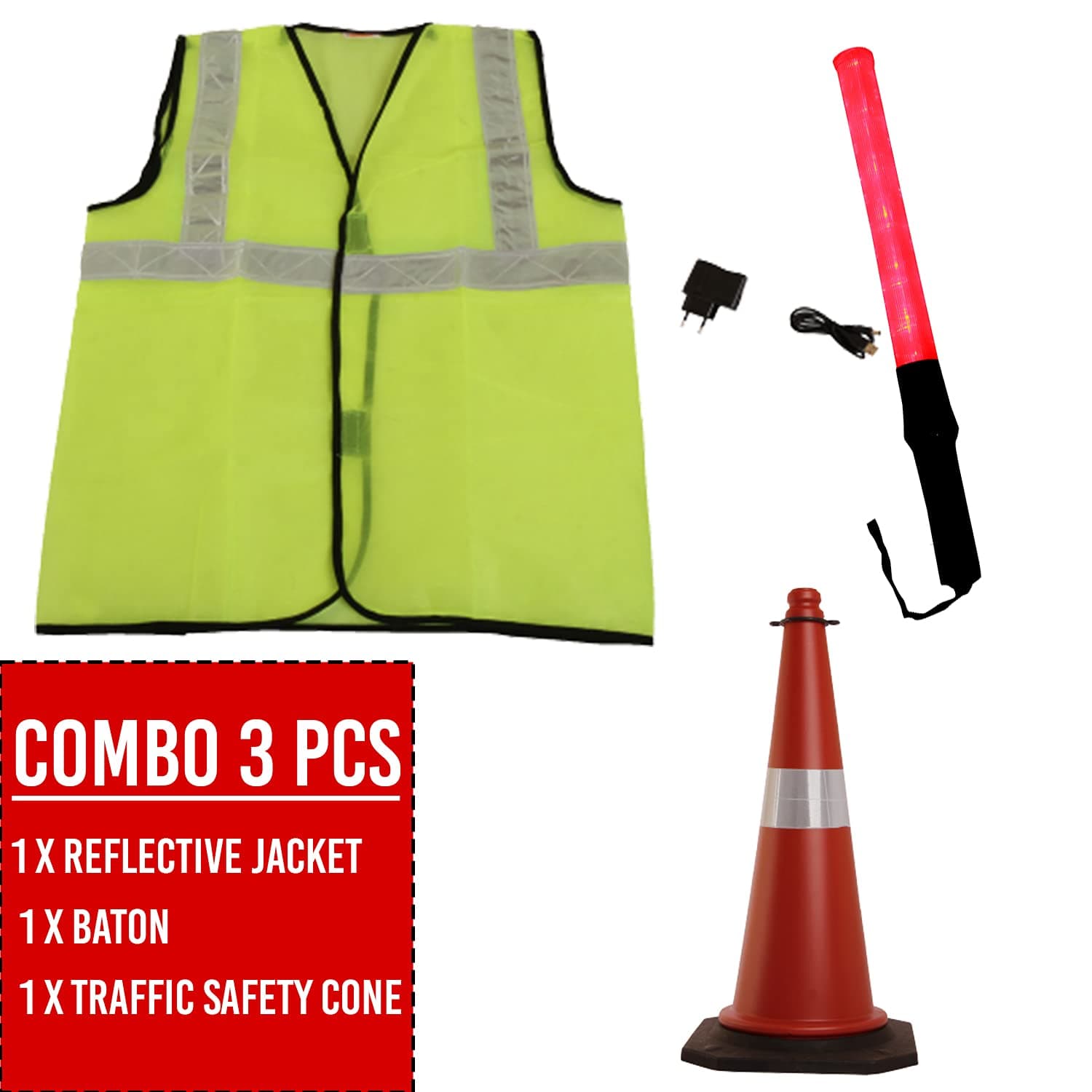 LADWA Red & Black Traffic Safety Cone Reflective Jacket Green & Plain Baton (Lenght - 20 Inch) (Red & Green) view 4