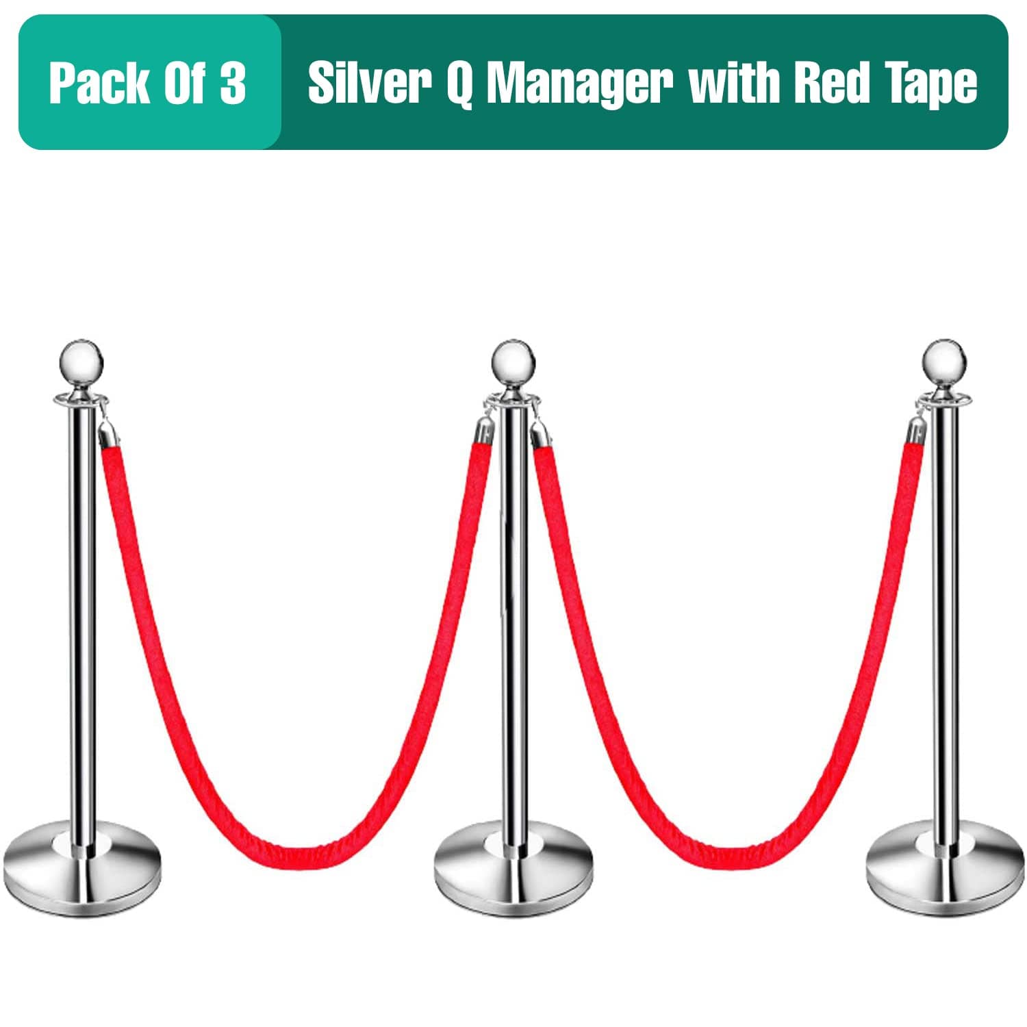 LADWA Set of 3 Silver Finish Q Please (Q Manager) with Red Velvet Rope for Ensuring Social Distancing, Queue Manager with 1.5m Rope, Barricade, Stanchions (Set of 3 Pillar and 3 Rope) view 2