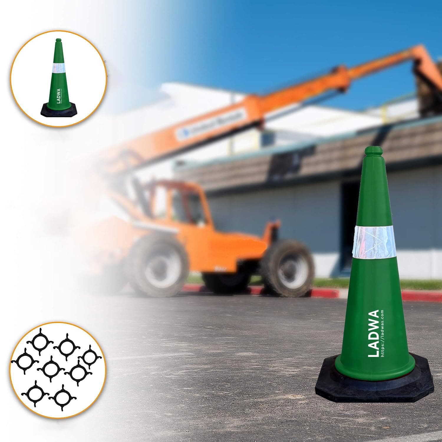 LADWA Road Safety Cone Pack of 2, Combo,750mm,Traffic Safety, 2 Green Cones + 2 Meter Chain + 2 Hooks with Black Rubber Weighted Base and Highly Visible Reflective Collar (Green) view 5