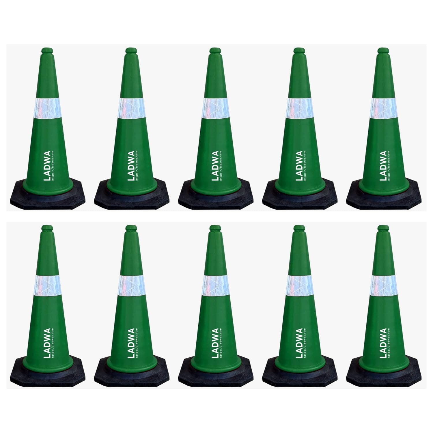 LADWA 750mm Impact Resistant Road 10 Traffic Safety Green Cones + 10 mtr chain + 10 Hooks.