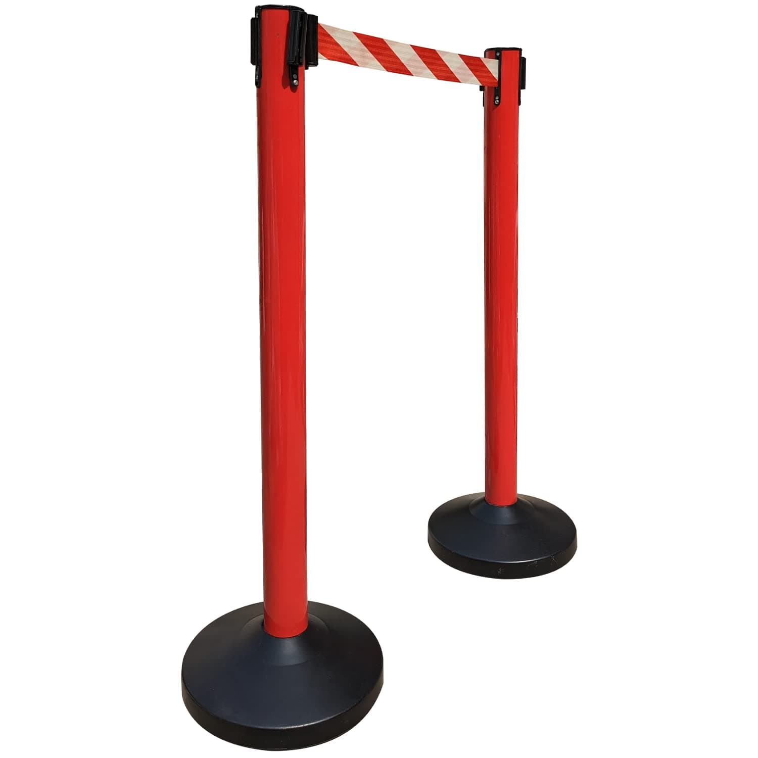 Ladwa Set of 7 Q Please (Q Manager), 202 Grade Extendable 2.25 mtr Hook Type Stanchions Barrier Accessories Red pole with red & white zebra tape Que Manager view 2