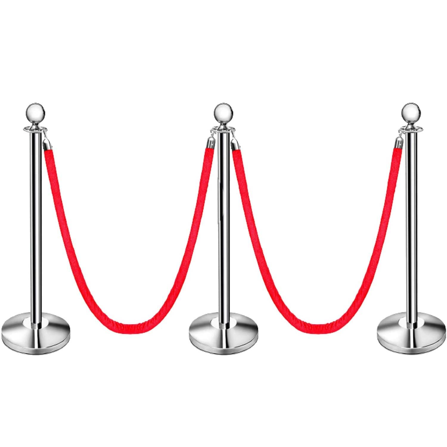 LADWA Set of 3 Silver Finish Q Please (Q Manager) with Red Velvet Rope for Ensuring Social Distancing, Queue Manager with 1.5m Rope, Barricade, Stanchions (Set of 3 Pillar and 3 Rope)