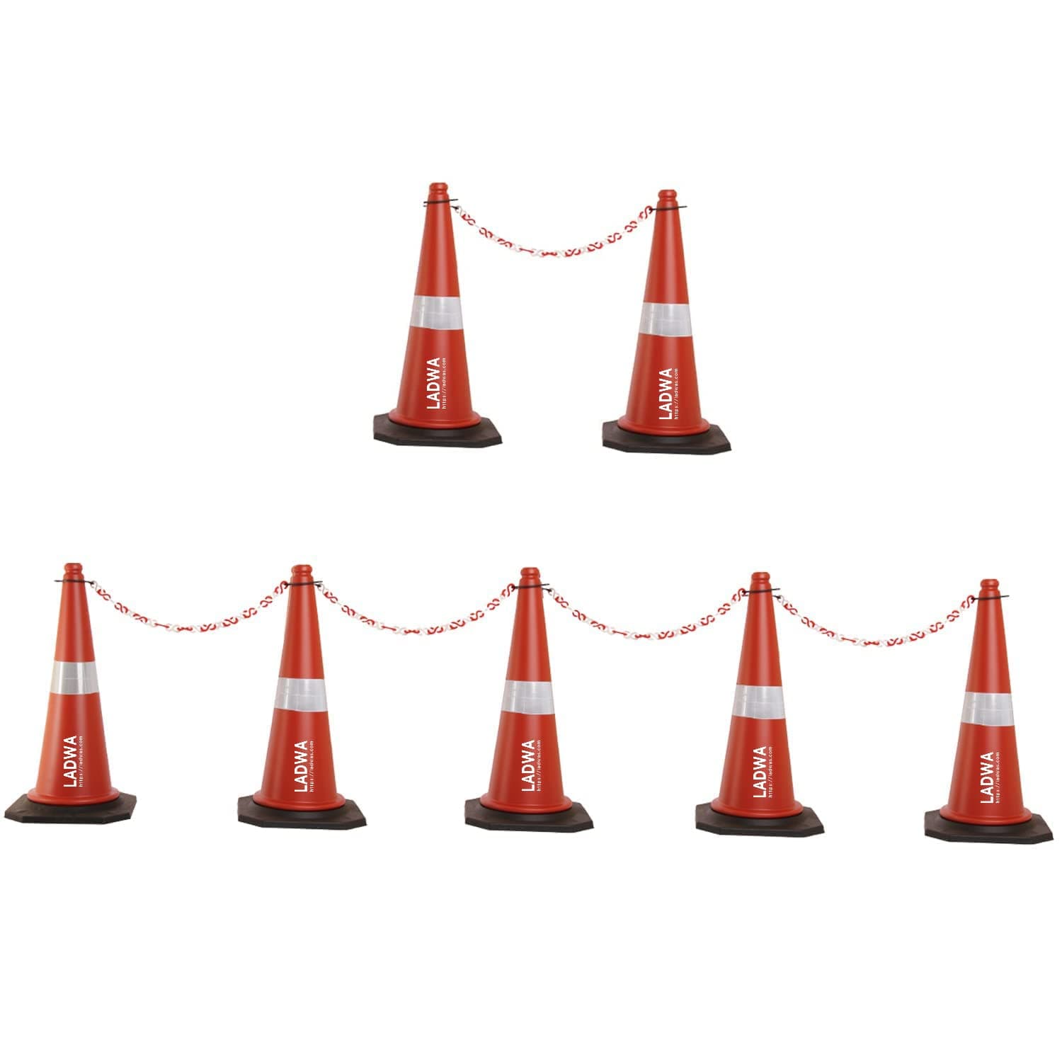 LADWA Road Traffic Cones – 750mm Height Cones with Reflective Strips, 4m Chain & 4 Hooks for Secure Barriers – Ideal for Road Safety, Construction Zones, and Parking Areas (Pack of 7)