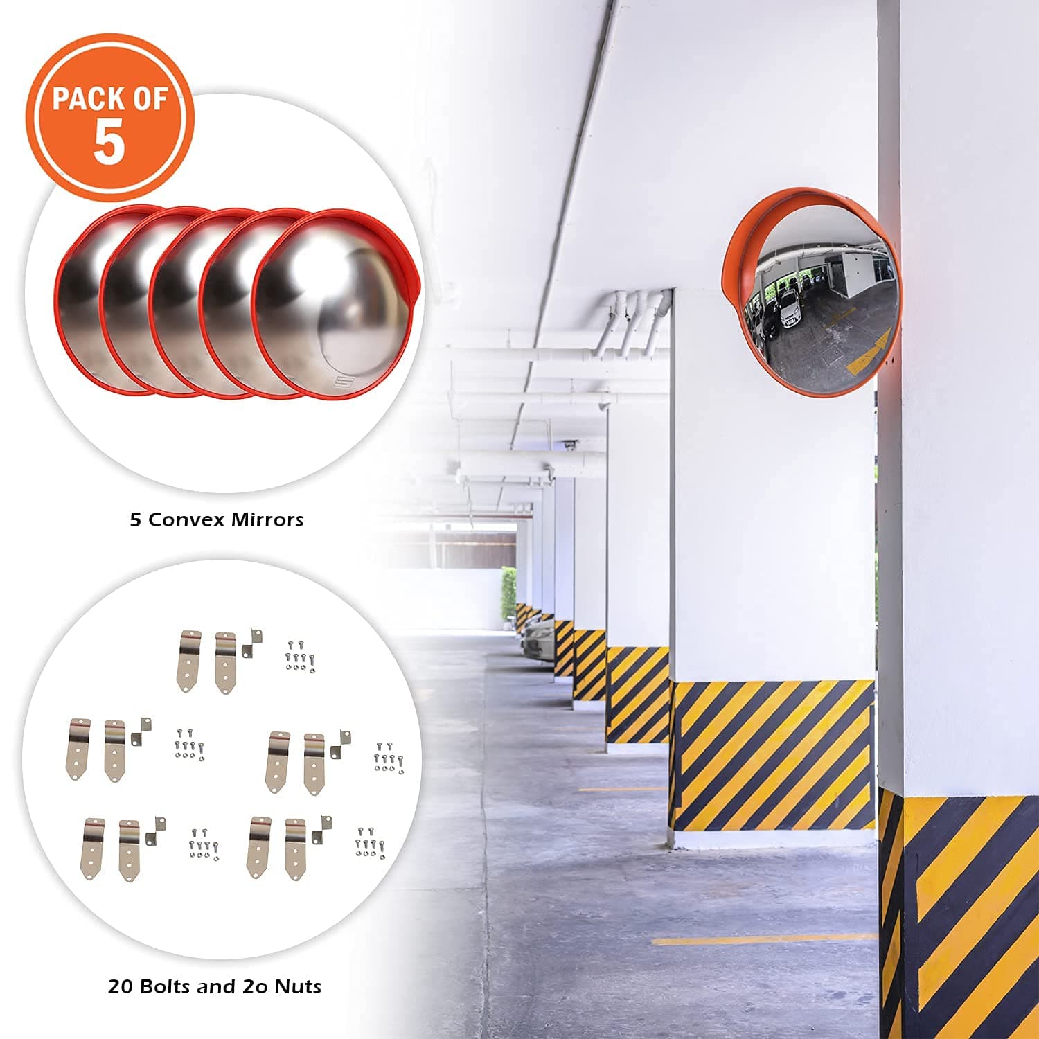 LADWA Unbreakable 24 Inch/600mm Diameter Wide Angle Convex Mirror/Security Mirror/Traffic Mirror for Road Safety with Installation Kit & Adjustable Fixing Bracket (Nuts & Bolts) (Pack of 5) view 2
