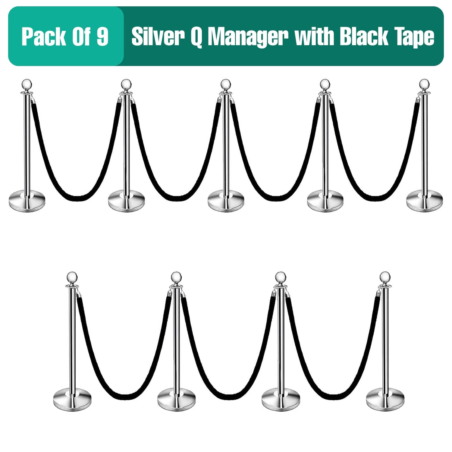 LADWA Set of 9 Silver Finish Q Please (Q Manager) with Black Velvet Rope for Ensuring Social Distancing, Queue Manager with 1.5m Rope, Barricade, Stanchions (Set of 9 Pillar and 9 Rope) view 2