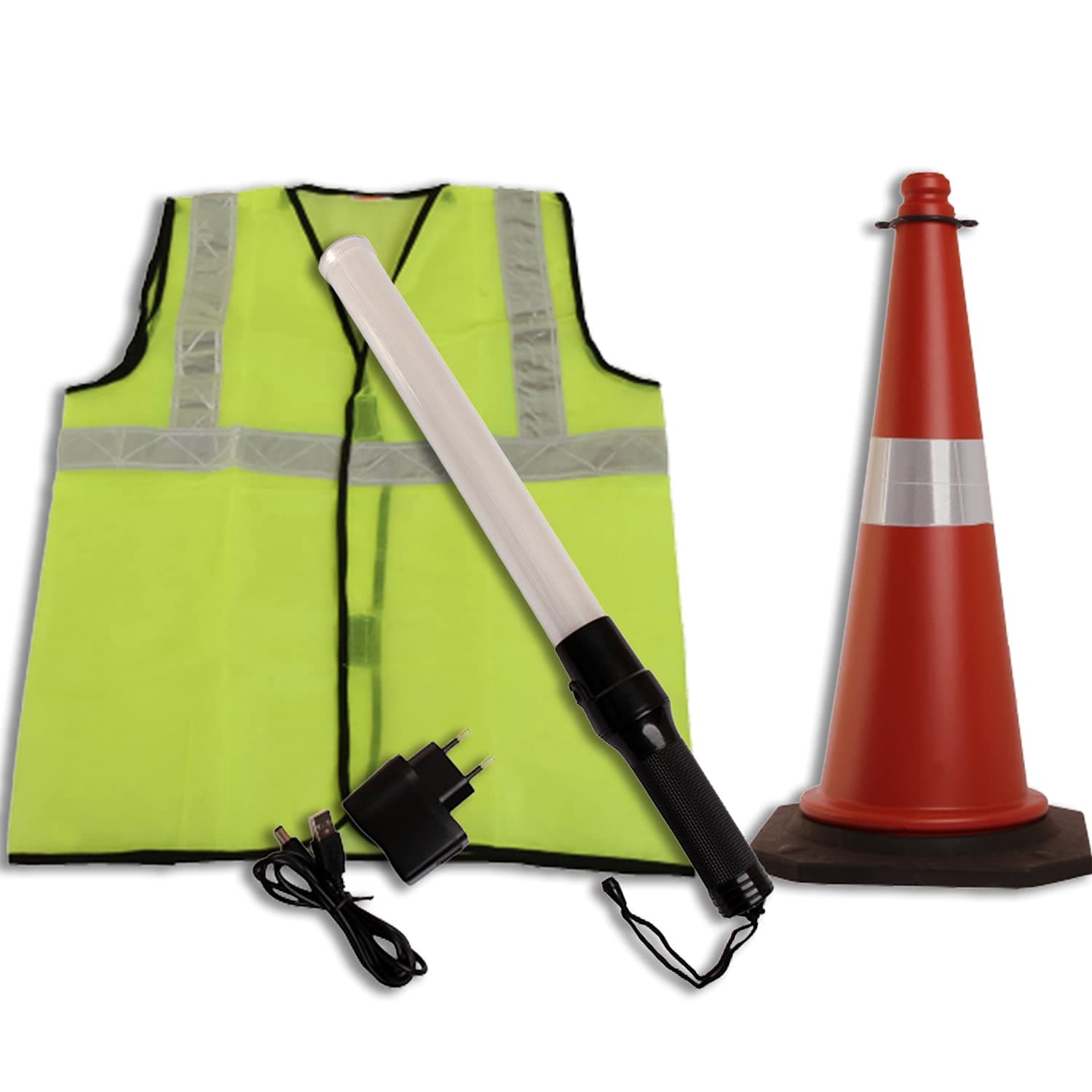 LADWA Combo: 3pcs - Green Reflective Jacket, Traffic Cone & Rechargeable Safety Baton (20") with 3 Flash Modes (1 Jacket + 1 Baton + 1 Cone). view 3