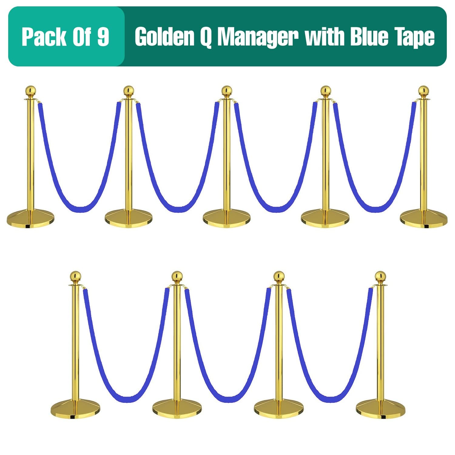 LADWA Set of 9 Golden Finish Q Please (Q Manager) with Blue Velvet Rope for Ensuring Social Distancing, Queue Manager with 1.5m Rope, Barricade, Stanchions (Set of 9 Pillar and 9 Rope) view 2