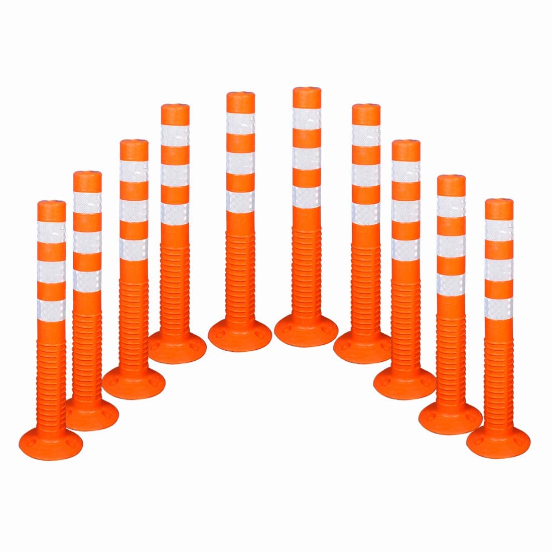 LADWA Spring Post Barrier (Pack of 10) – 750mm Flexible Plastic Bollards with 3 Reflective White Tapes | T-Top Design for Traffic Safety, Parking, Construction Zones – High-Grade Orange Polymer