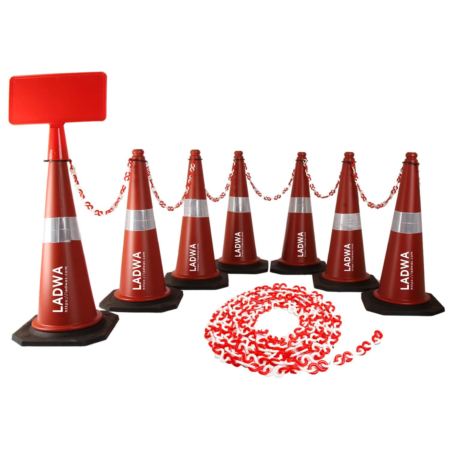 LADWA 750mm Traffic Safety Cone Set – Pack of 7 Cones with Reflective Collars + 7m Plastic Chain + 7 Hooks + 1 Sign Plate for Road Safety, Parking & Construction