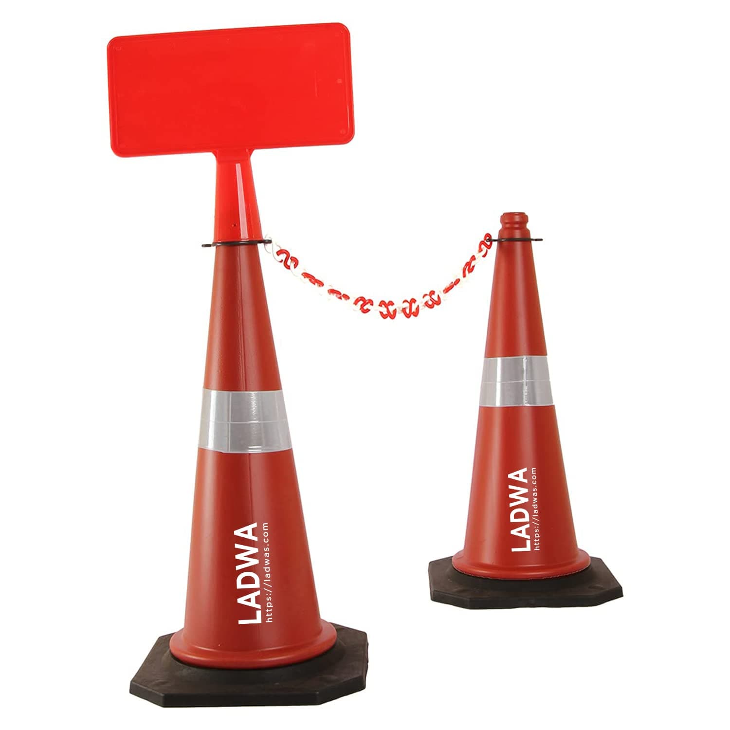 LADWA 750mm Combo of Impact Resistant Road 2 Traffic Safety Cones + 2 mtr chain + 2 Hooks & 1 Sign Plate with Reflective Strips Collar For Road Attention