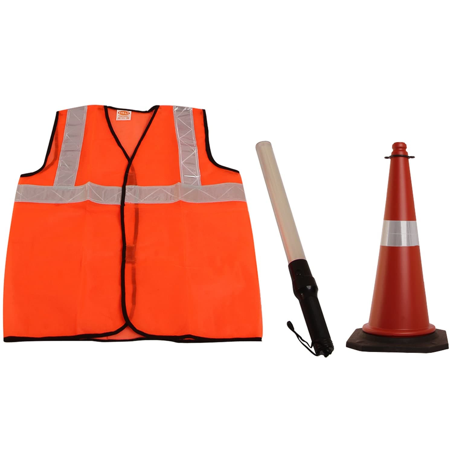 LADWA Combo 3 Pcs of Orange Reflecting Jacket, Traffic Safety Cone and Traffic Safety Light Stick Baton with 3 Flashing Modes - (1 X Reflective Jacket + 1 X Baton + 1 X Traffic Safety Cone)