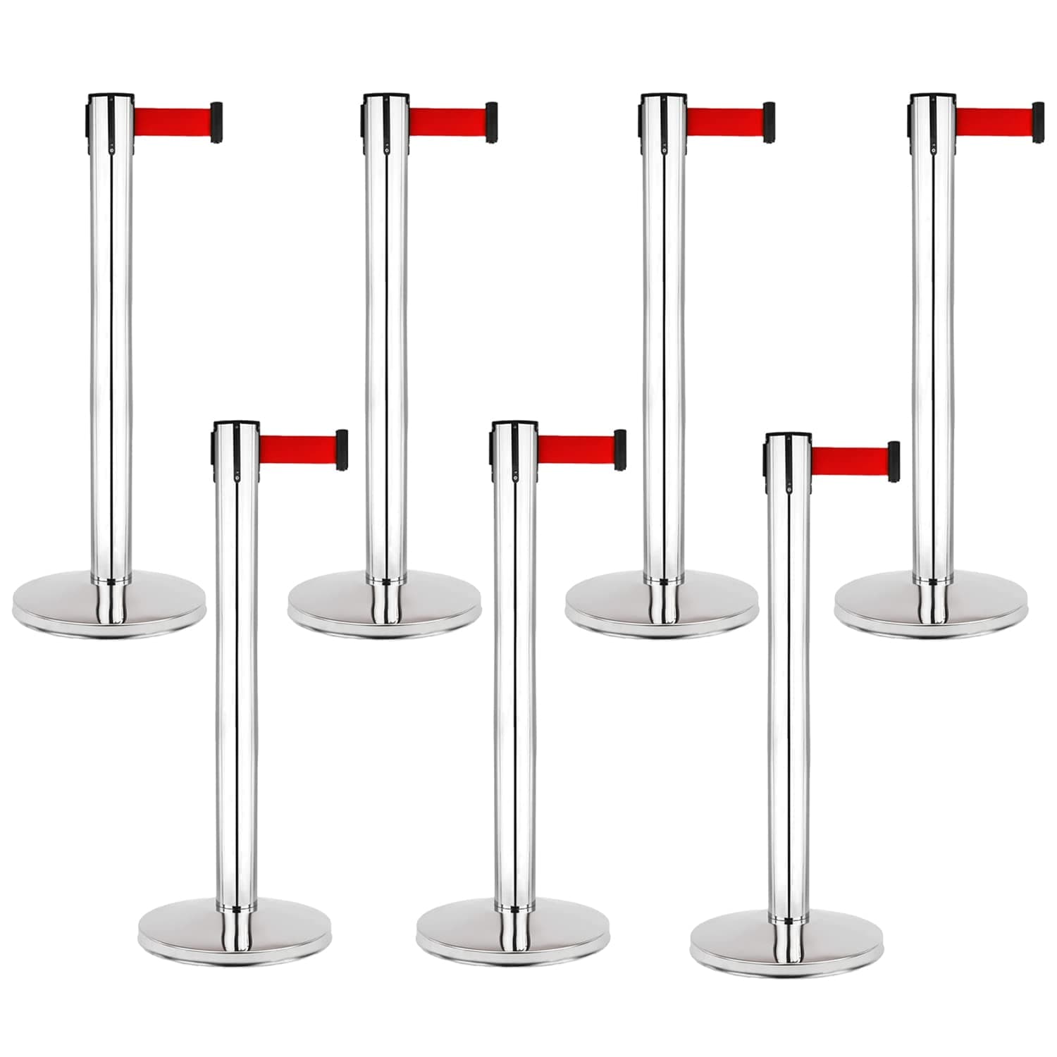 LADWA Set of 7 Q Please (Q Manager), 202 Grade Extendable 2.25 mtr Hook Type Stanchions Barrier Accessories Steel Barricade, Red Que Manager
