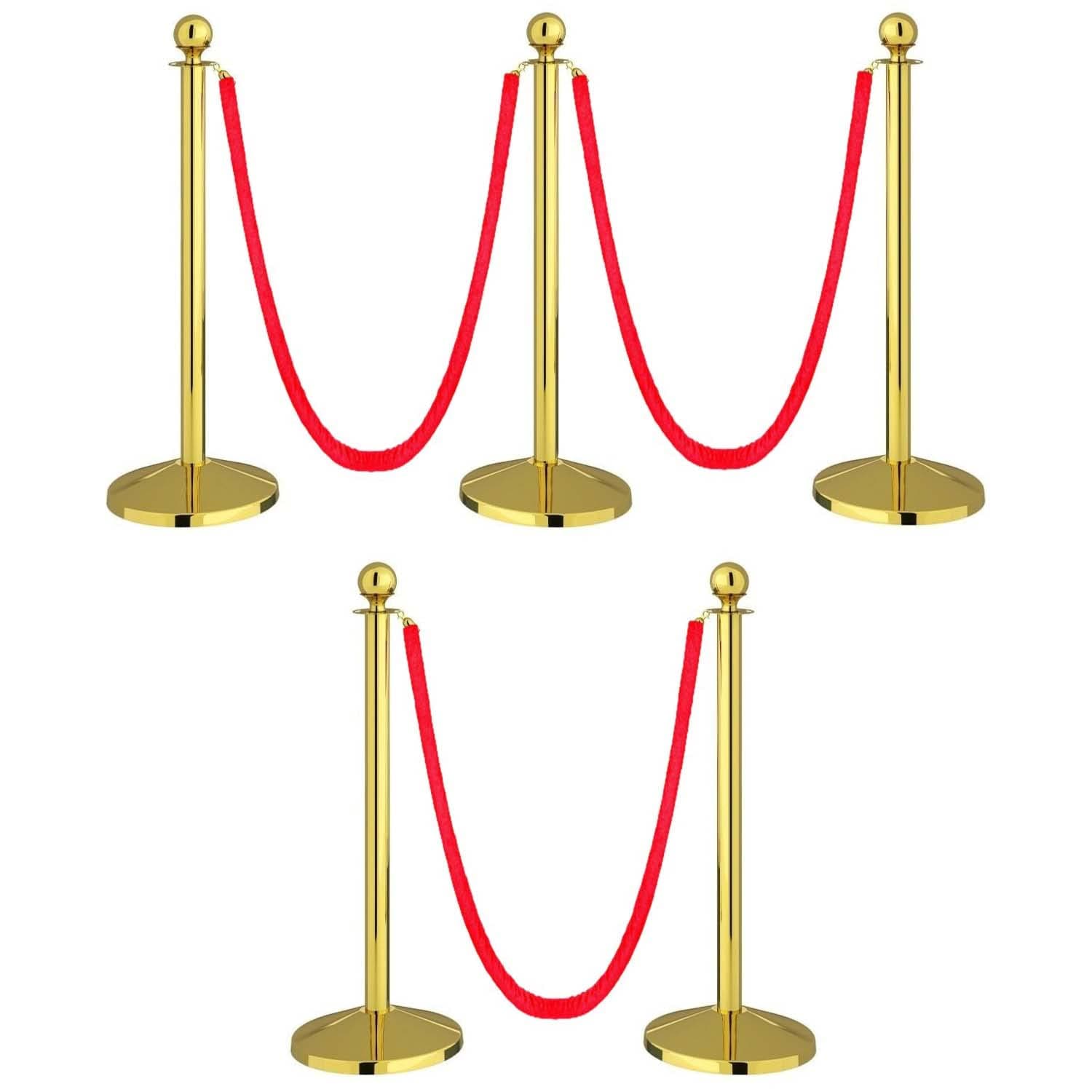 LADWA Set of 5 Golden Finish Q Please (Q Manager) with Red Velvet Rope for Ensuring Social Distancing, Queue Manager with 1.5m Rope, Barricade, Stanchions (Set of 5 Pillar and 5 Rope)