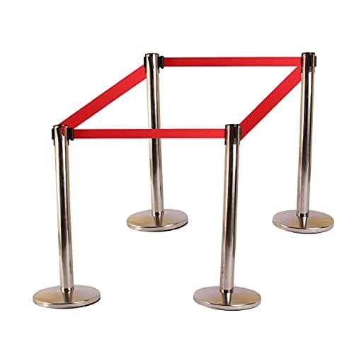 LADWA Set of 4 Q Please (Q Manager), 202 Grade Extendable 2.25 mtr Hook Type Stanchions Barrier Accessories Steel Barricade, Que Manager with A4 Sign Plate - Red Tape view 2