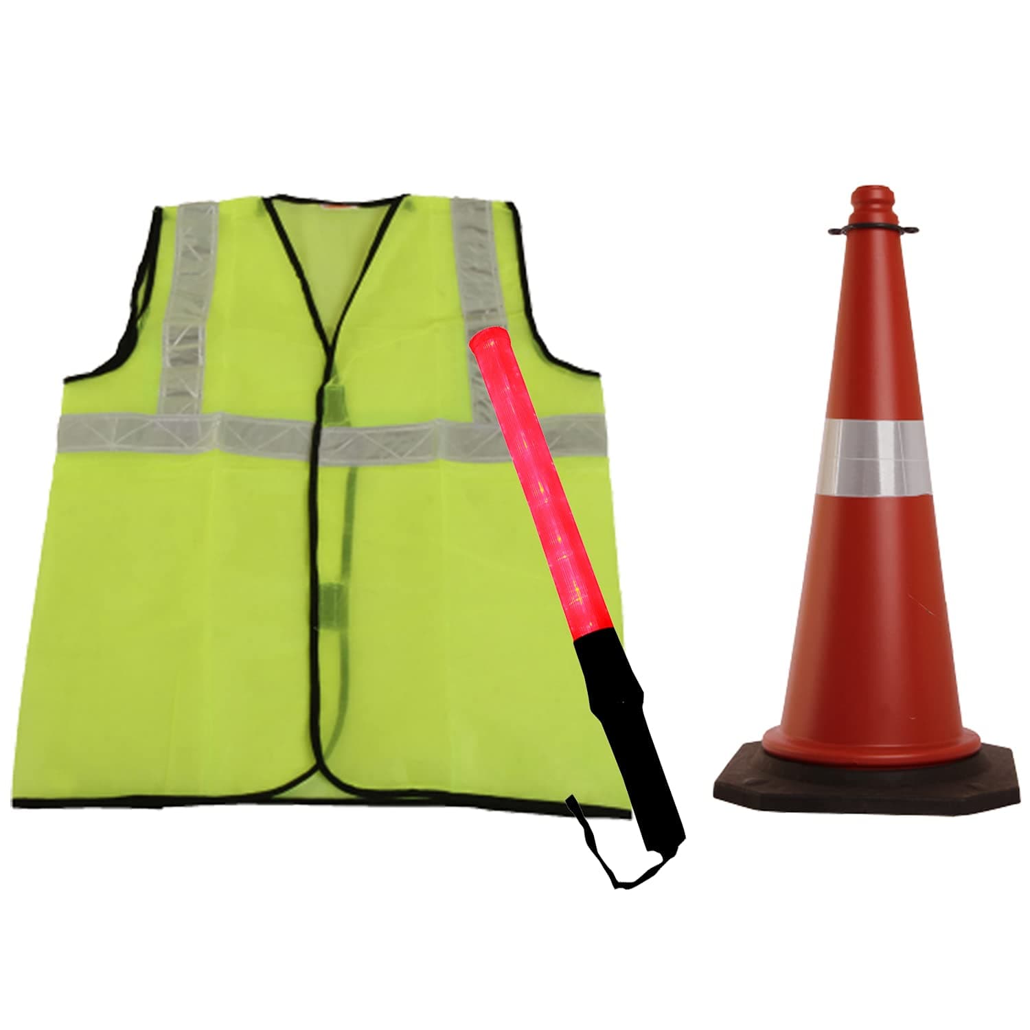 LADWA Red & Black Traffic Safety Cone Reflective Jacket Green & Plain Baton (Lenght - 20 Inch) (Red & Green)