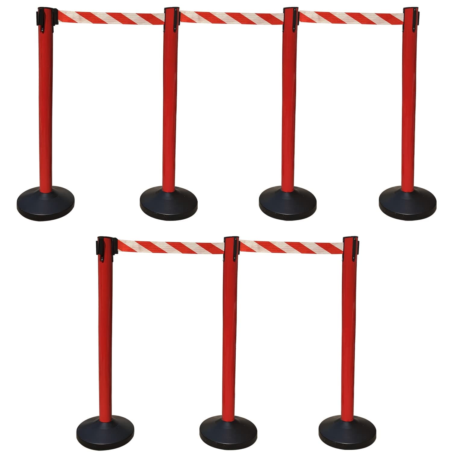 Ladwa Set of 7 Q Please (Q Manager), 202 Grade Extendable 2.25 mtr Hook Type Stanchions Barrier Accessories Red pole with red & white zebra tape Que Manager