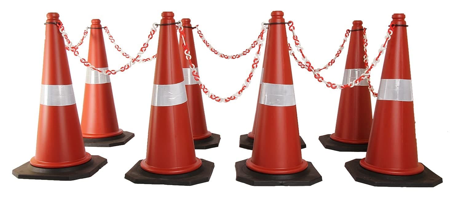 LADWA Road Traffic Cone, Pack of 50 cones 750mm, with 50 mtr chain + 50 hooks, (Safety Cone, Traffic Safety Cone, Road Safety Cone with Reflective Strips Collar)