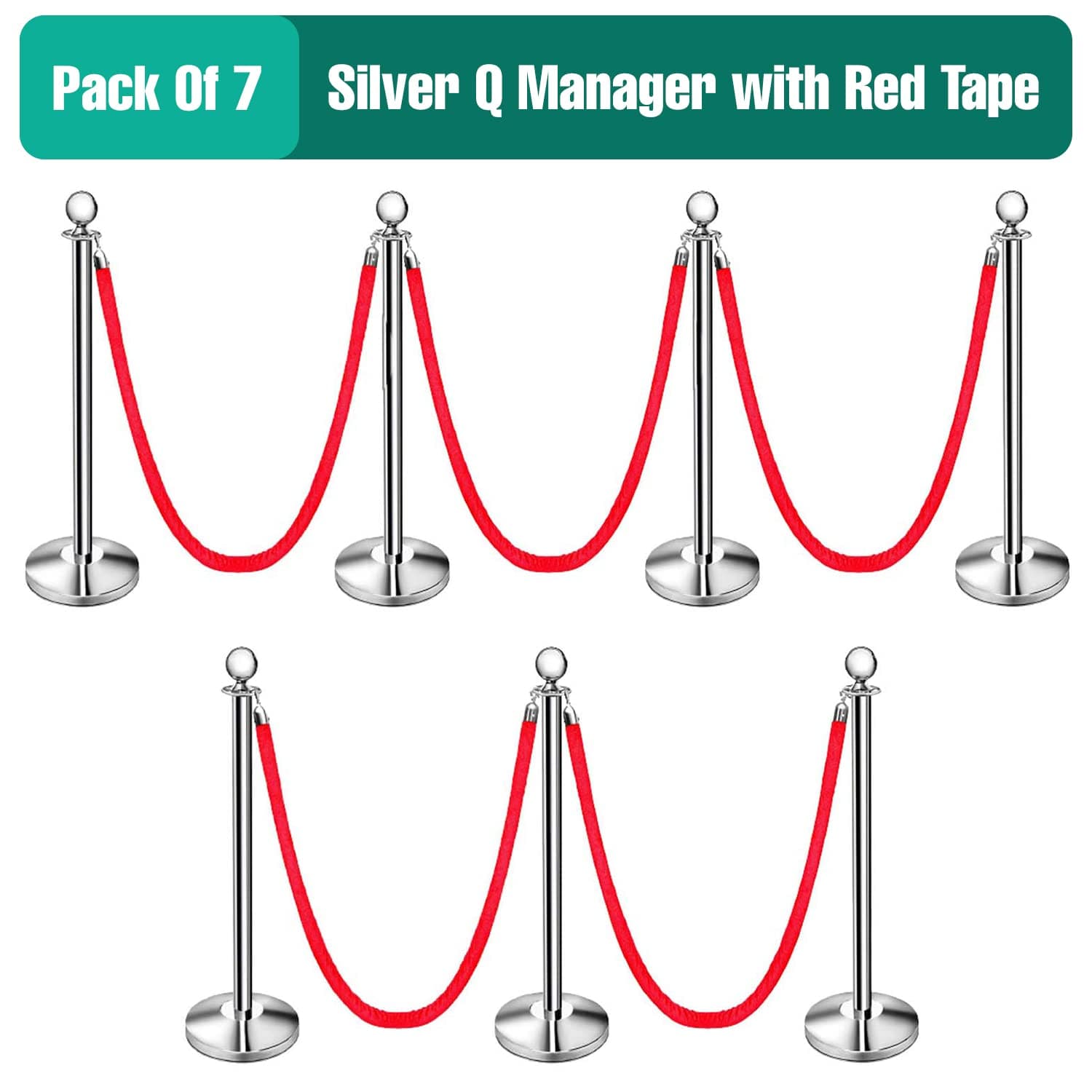 LADWA Set of 7 Silver Finish Q Please (Q Manager) with Red Velvet Rope for Ensuring Social Distancing, Queue Manager with 1.5m Rope, Barricade, Stanchions (Set of 7 Pillar and 7 Rope) view 2