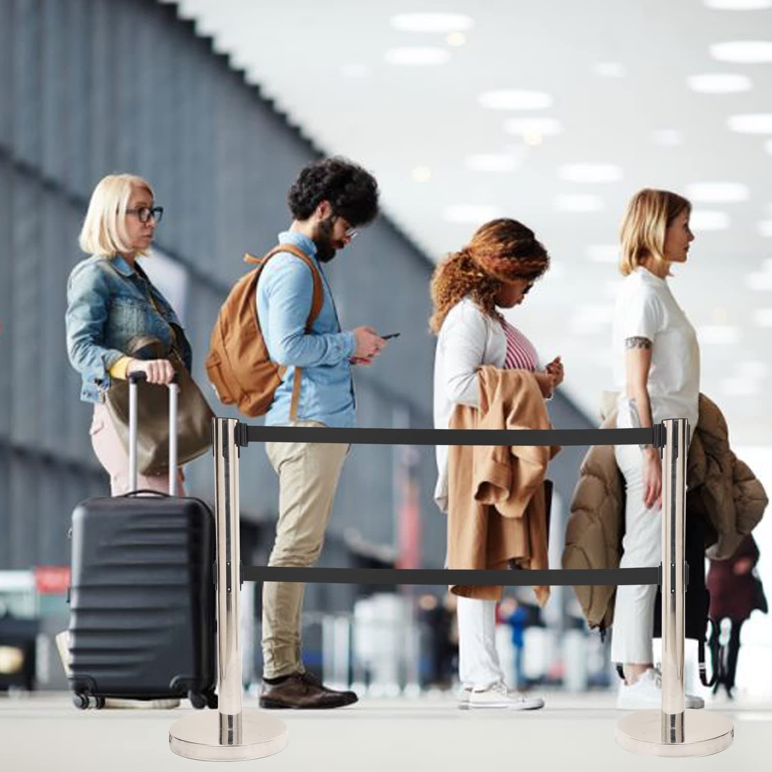 LADWA Set of 2 Double Belt Q Please (Q Manager), 202 Grade Extendable 2.25 mtr Hook Type Stanchions Barrier Accessories Steel Barricade, Black Que Manager view 3