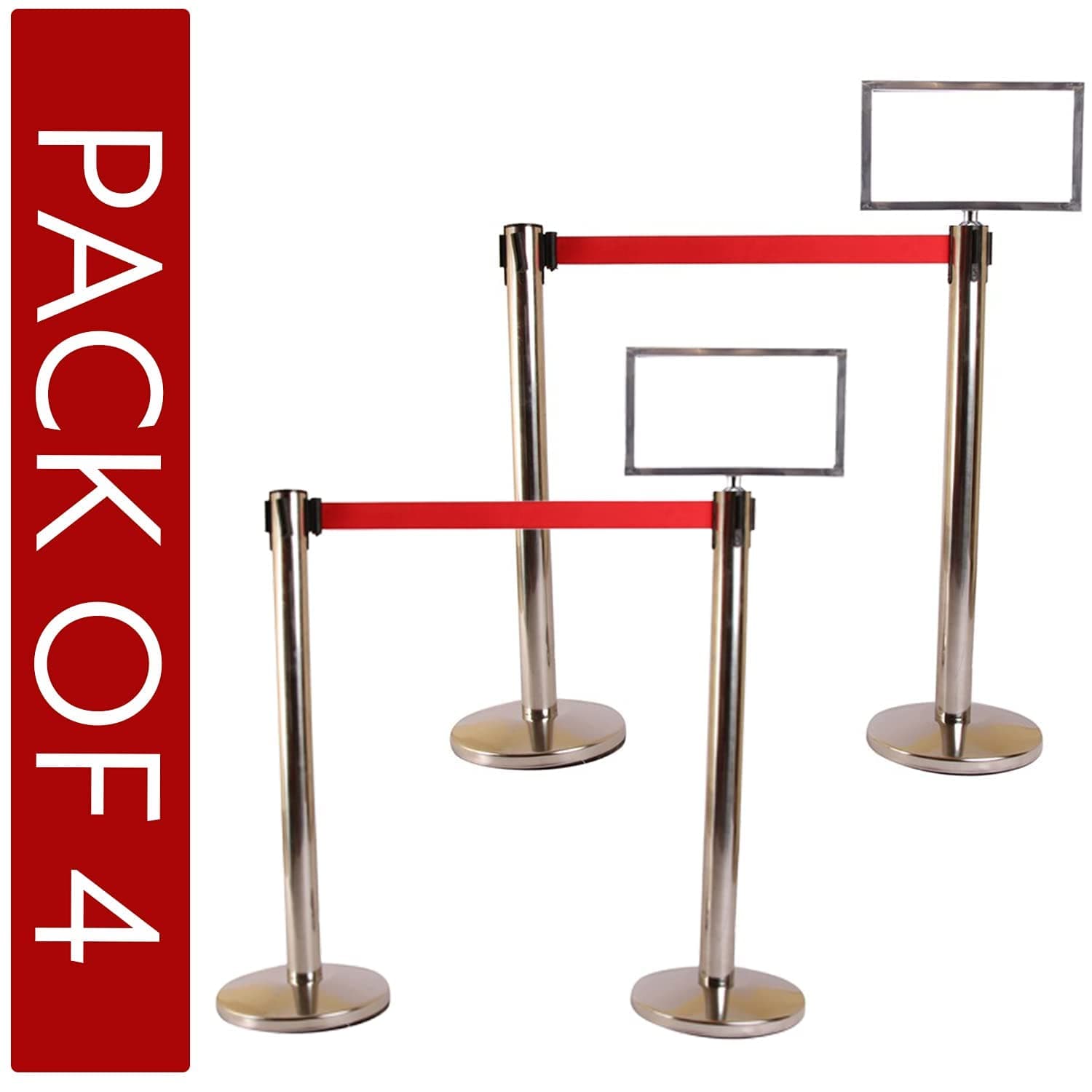 LADWA Set of 4 Q Please (Q Manager), 202 Grade Extendable 2.25 mtr Hook Type Stanchions Barrier Accessories Steel Barricade, Que Manager with A3 Sign Plate - Red Tape view 2