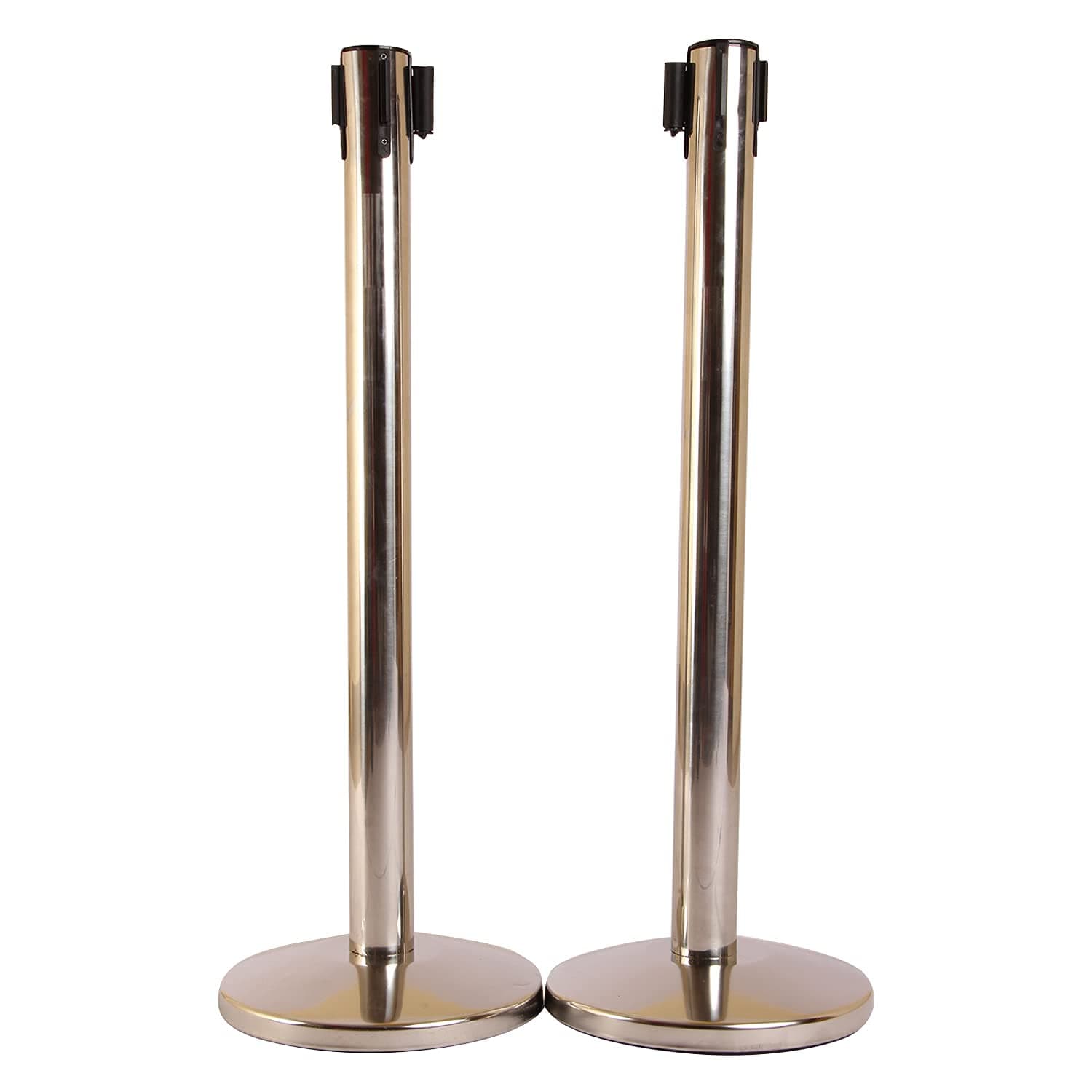 LADWA Set of 4 Q Please (Q Manager), 202 Grade Extendable 2.25 mtr Hook Type Stanchions Barrier Accessories Steel Barricade, Que Manager with A4 Sign Plate - Red Tape view 3